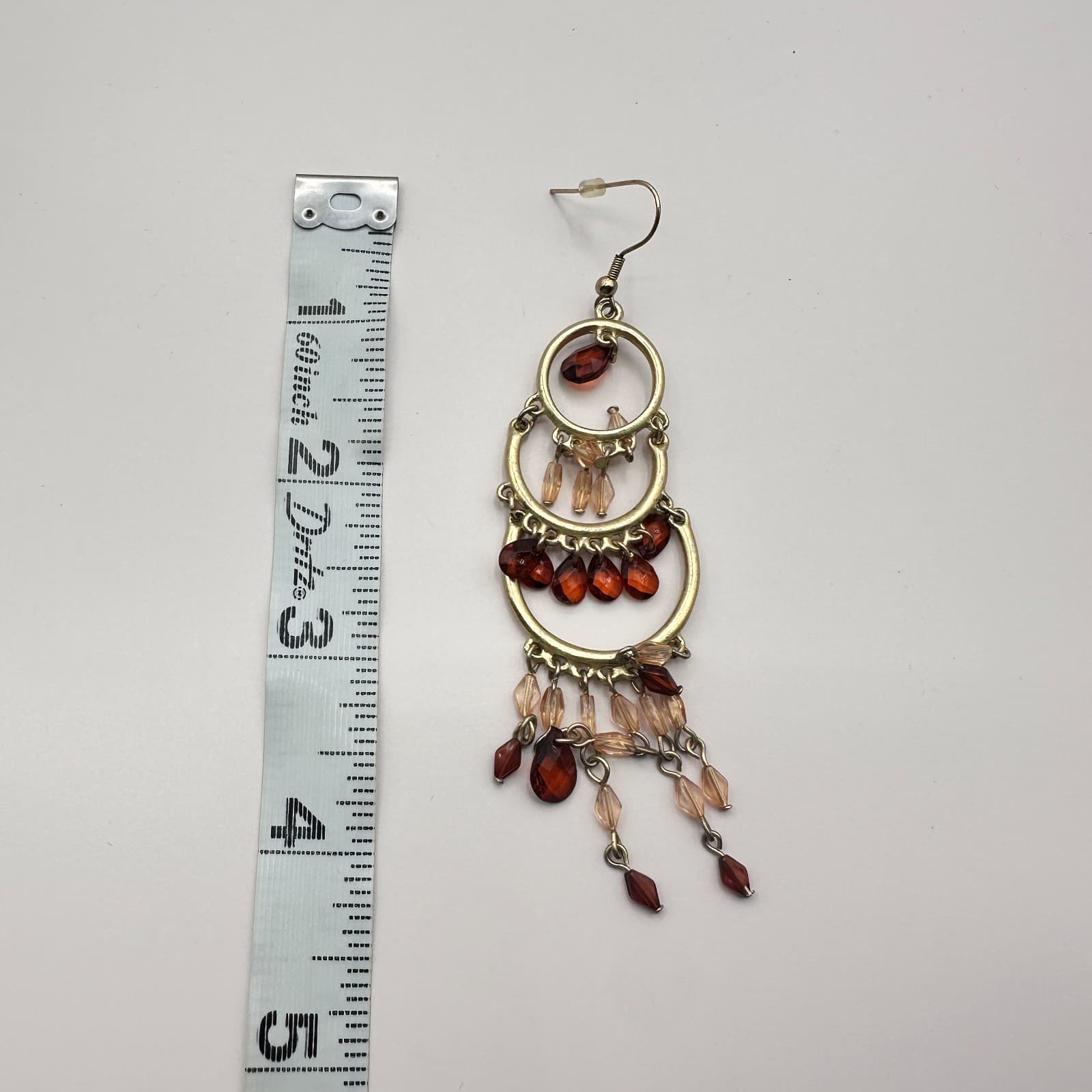Vintage 80s Women Earrings Chandelier Tiered Glass Bead Amber Gold Tone Fashion - Thumbnail 6