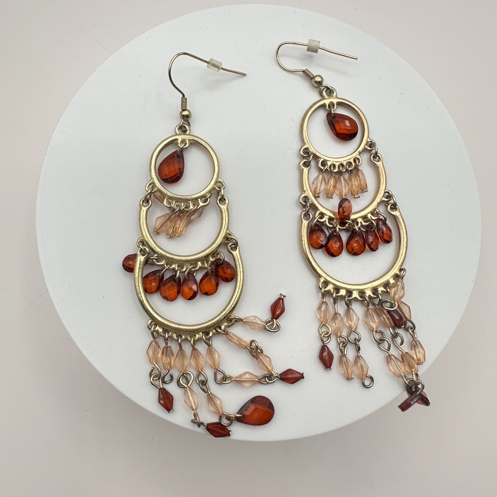 Vintage 80s Women Earrings Chandelier Tiered Glass Bead Amber Gold Tone Fashion - Thumbnail 2