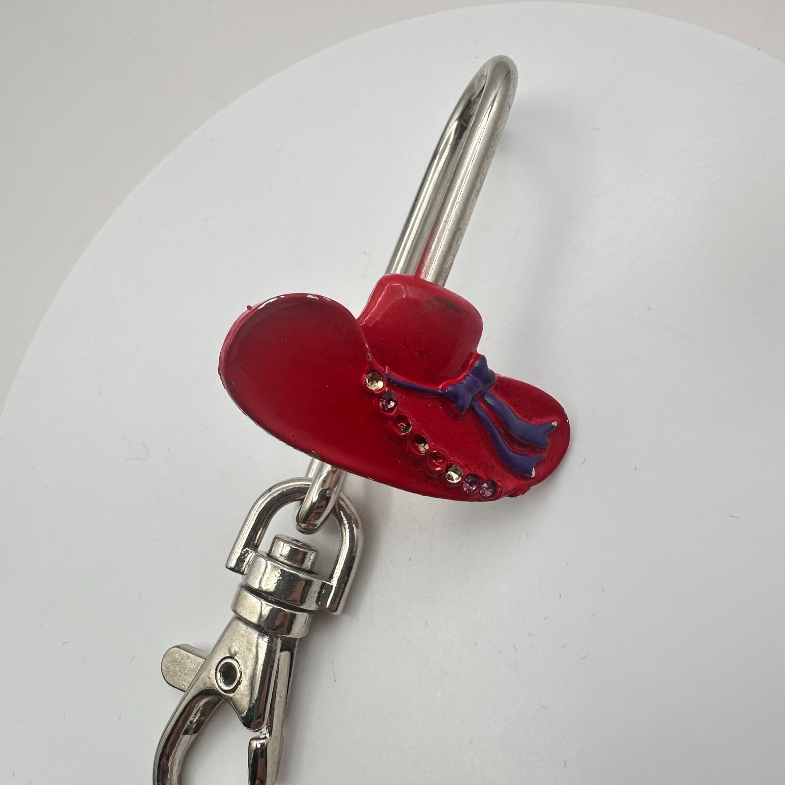 Vintage 90s Silver Tone Red Hat Society Purse Hook Key Finder Enamel Glass - Thumbnail 3