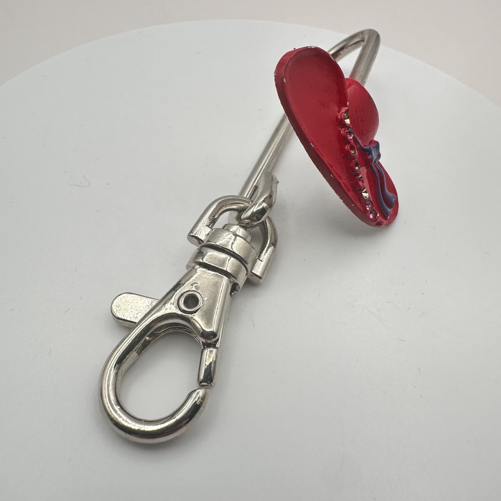 Vintage 90s Silver Tone Red Hat Society Purse Hook Key Finder Enamel Glass - Thumbnail 4