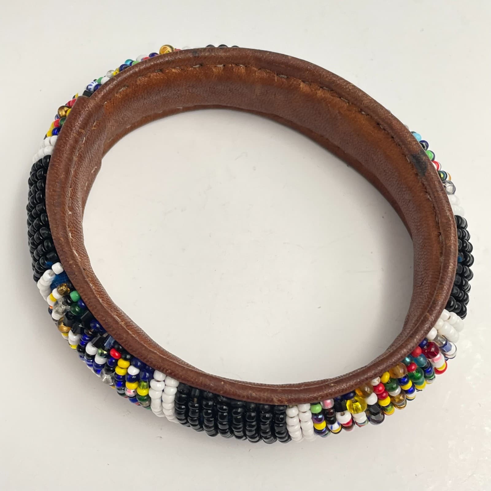 Vintage 90s Glass Bead Leather Bangle Bracelet Boho Tribal Fashion Jewelry - Thumbnail 2