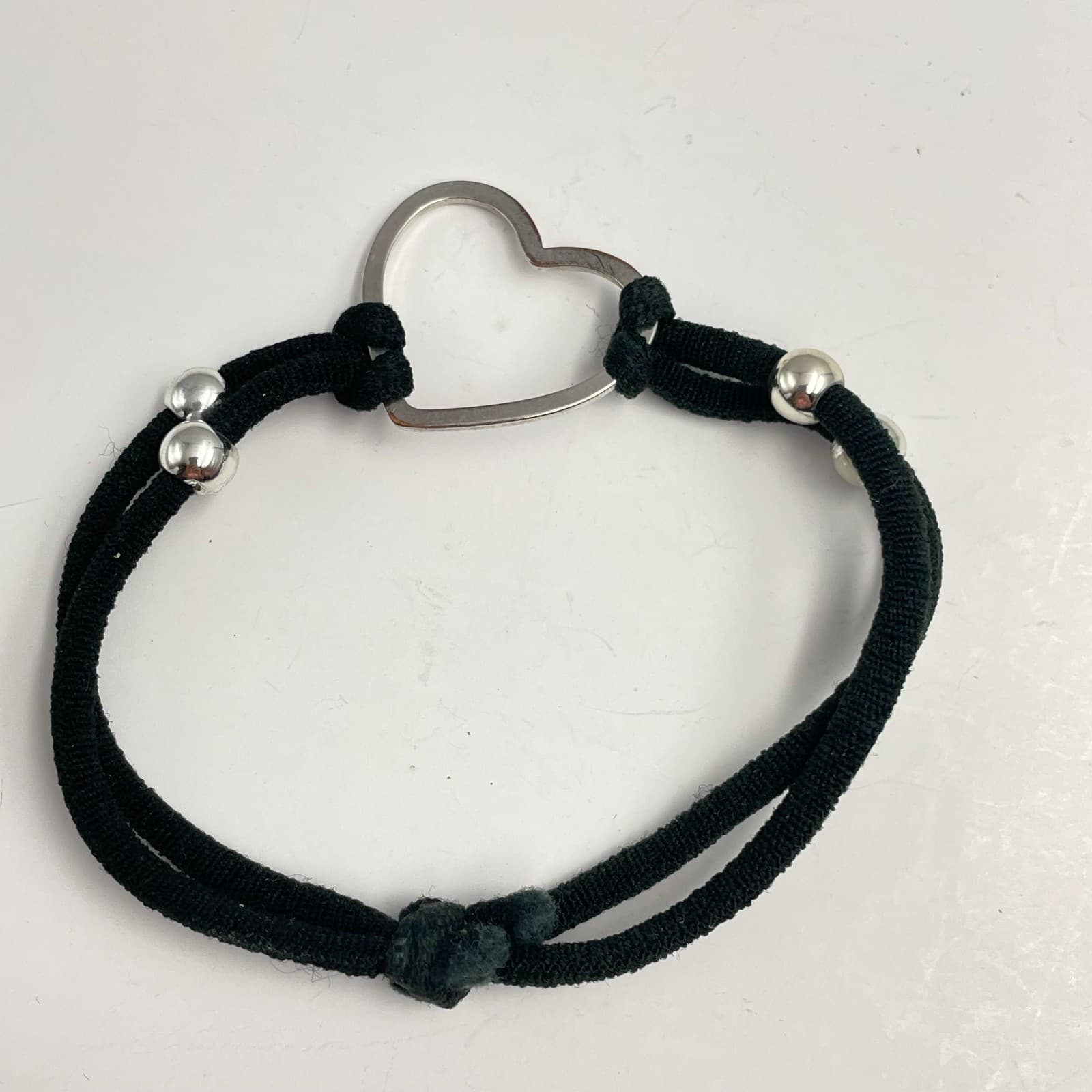 Vintage 90s Heart Charm Bracelet Black Cord Silver Tone Beads Boho Minimalist - Image 1