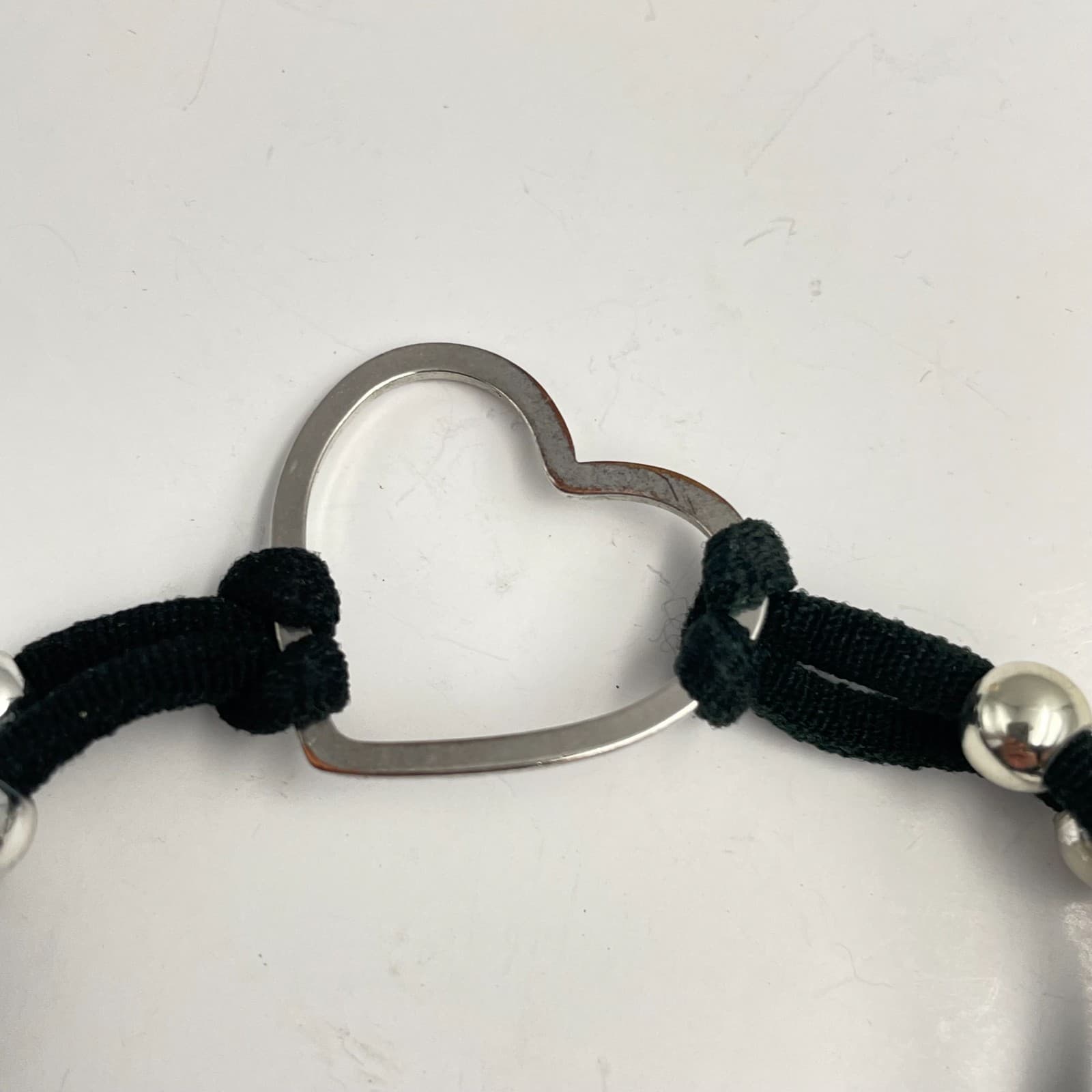 Vintage 90s Heart Charm Bracelet Black Cord Silver Tone Beads Boho Minimalist - Thumbnail 2