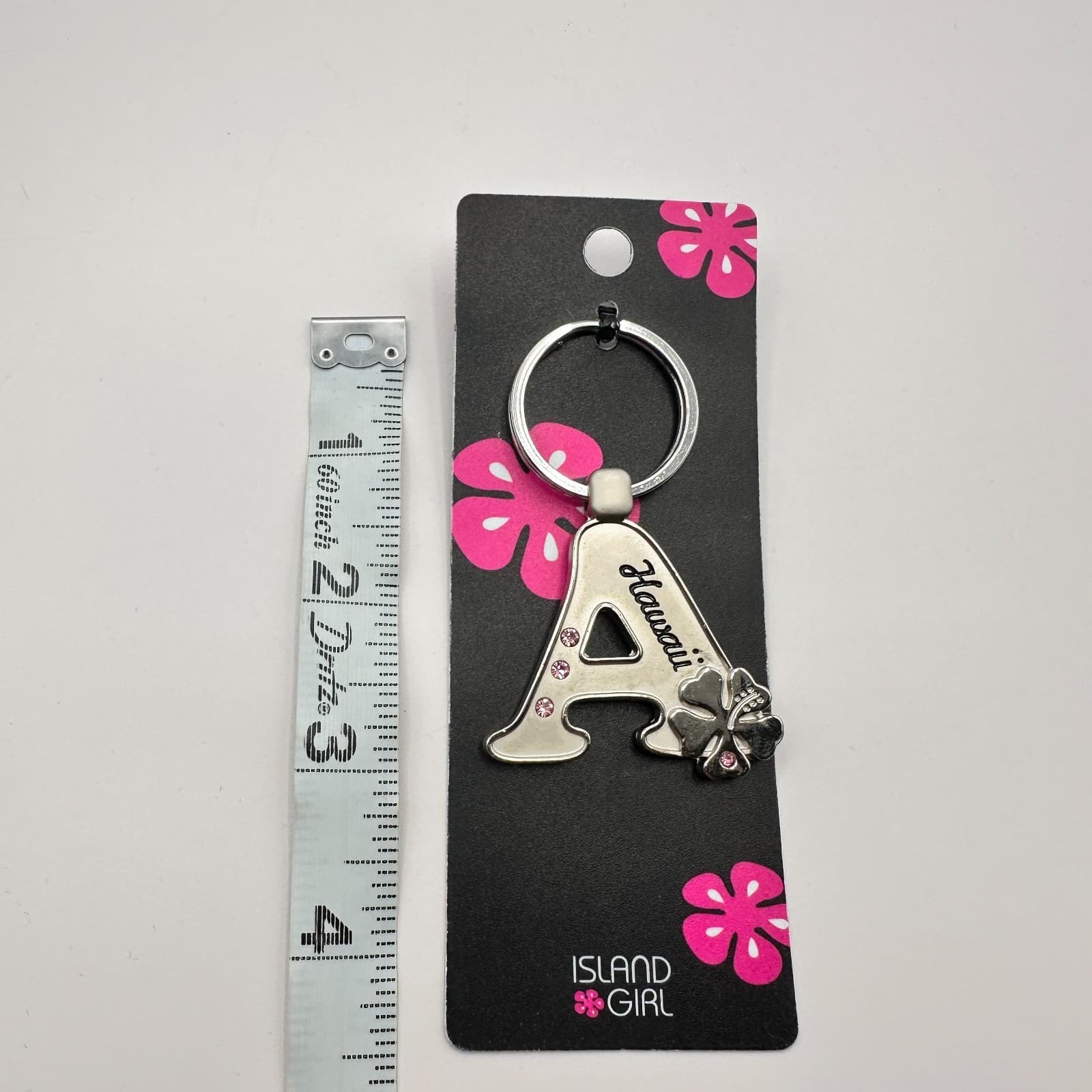 VTG 90s Island Girl Silver Tone Hawaii Initial A Keychain Pink Glass Hibiscus - Thumbnail 6