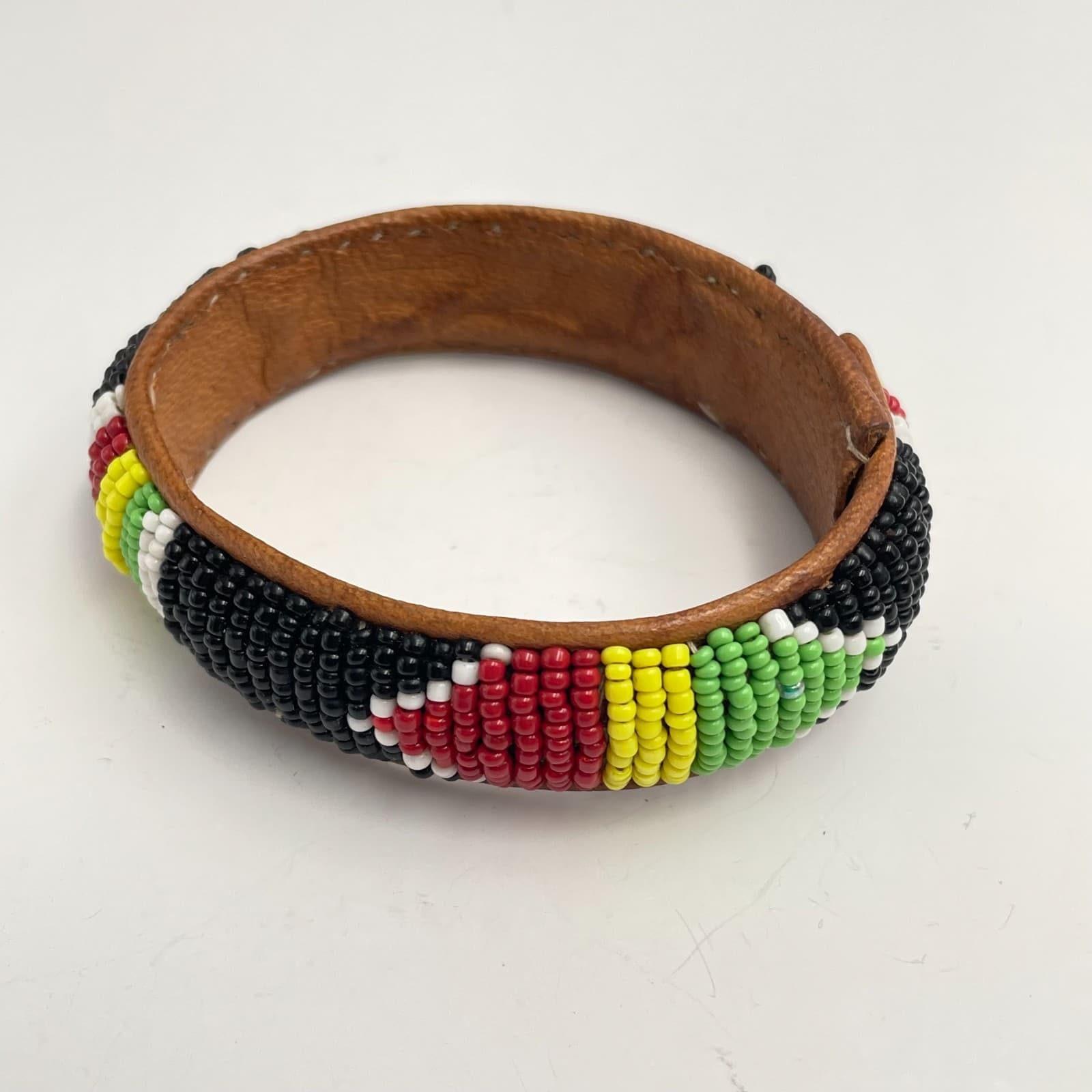 Vintage 90s Maasai African Glass Bead Leather Bangle Bracelet Boho Jewelry - Image 1