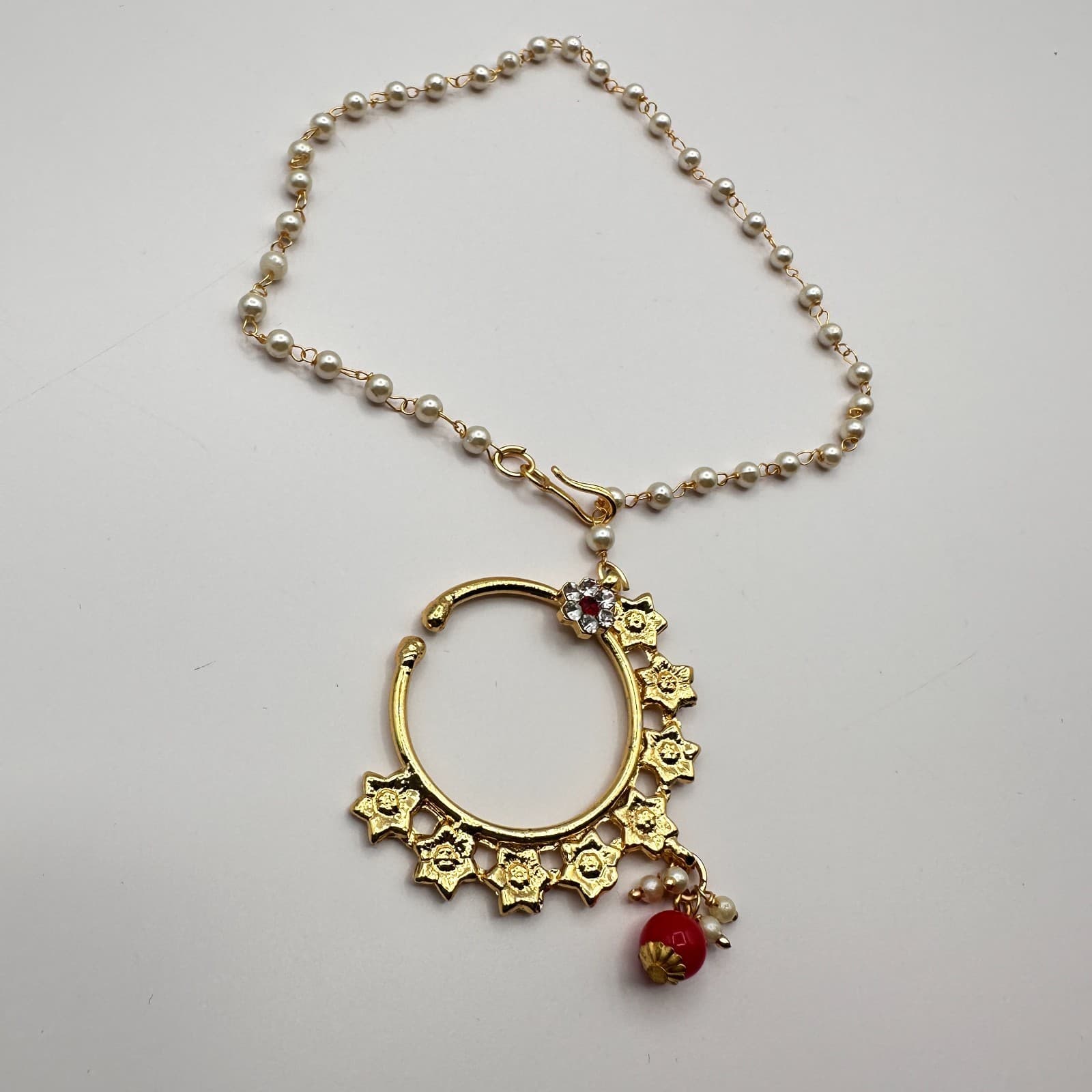 Vintage 90s Nath Indian Bridal Nose Ring Gold Tone Red & White Glass Pearl - Thumbnail 5