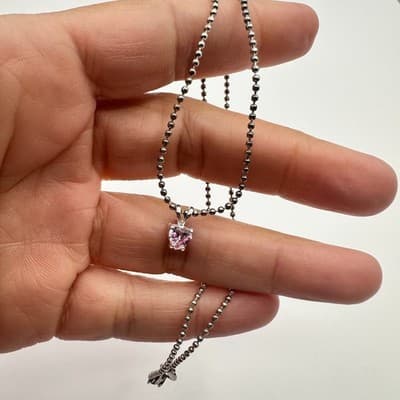 Vintage 80s Women Pink Heart Glass Pendant Necklace Chain Silver Tone - Thumbnail 7