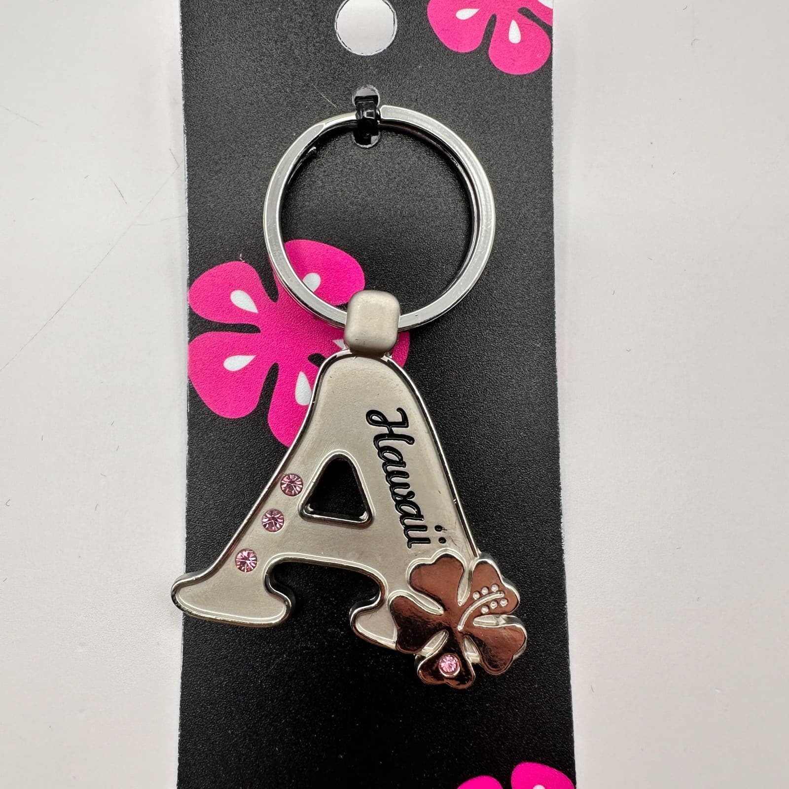 VTG 90s Island Girl Silver Tone Hawaii Initial A Keychain Pink Glass Hibiscus - Image 1