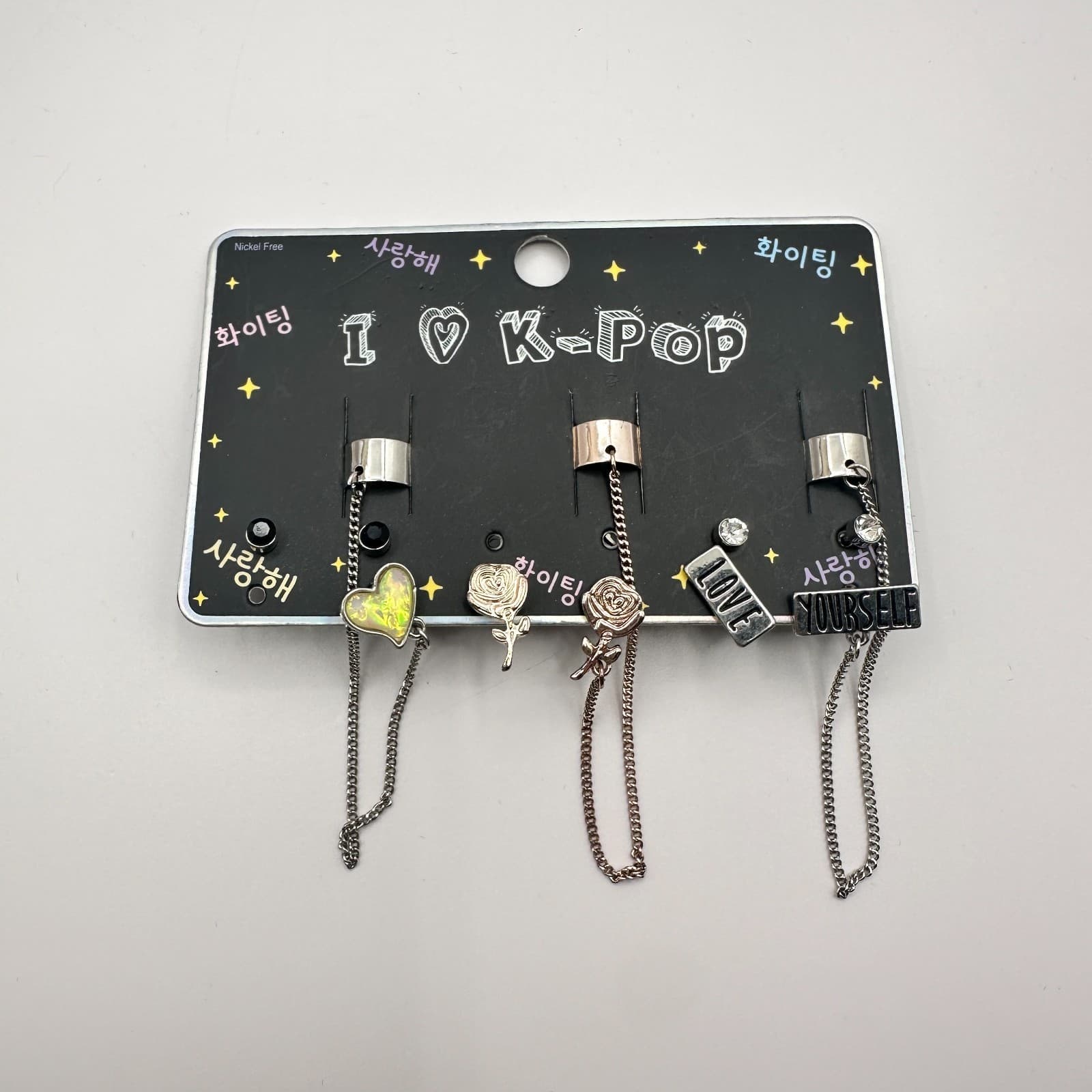 Vintage 80s Women Earrings Cuff Set Silver Rose Gold Tone Heart Rose Jewelry - Image 1