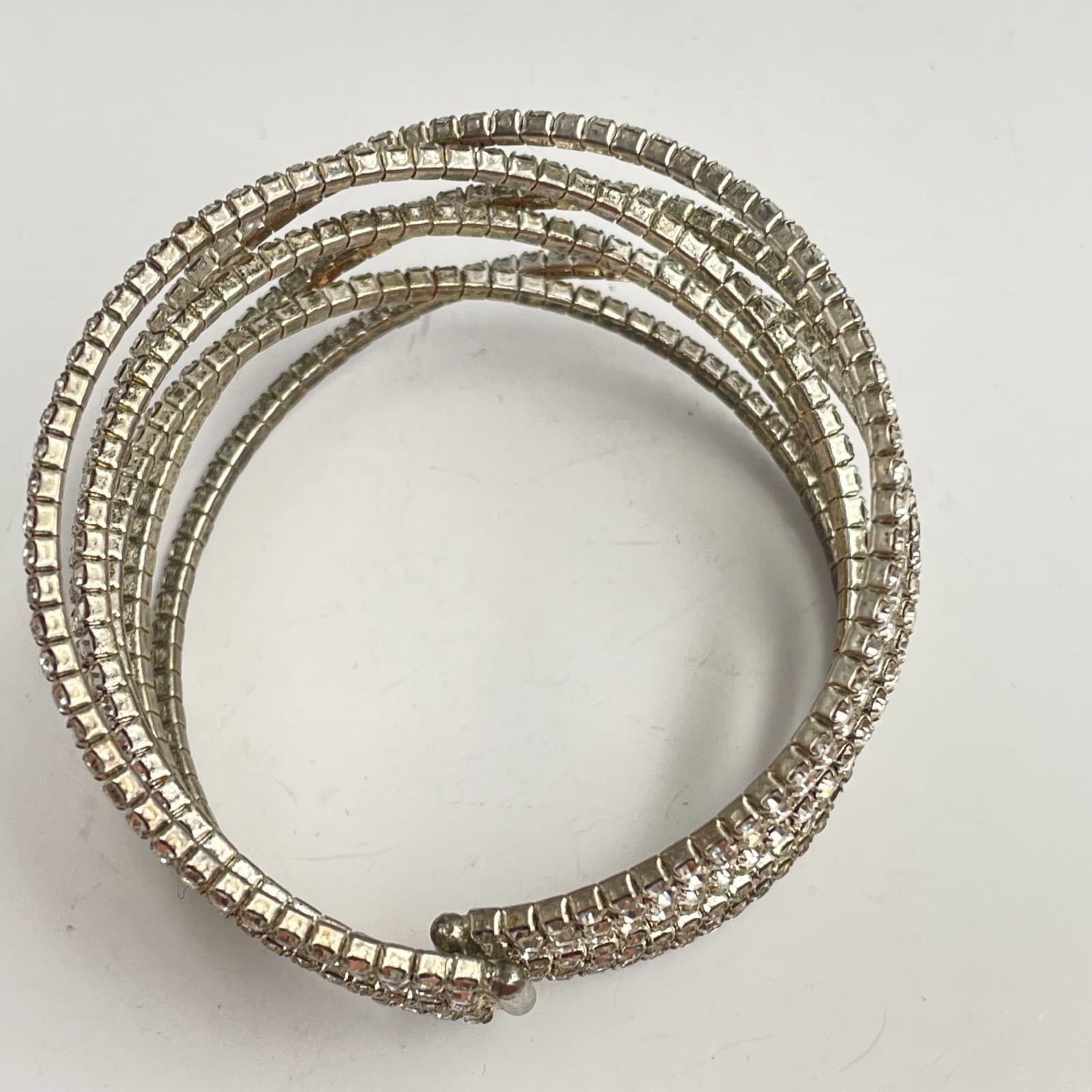 Vintage 90s Silver Tone Glass Rhinestone Multi Row Crossover Bangle Bracelet - Thumbnail 4