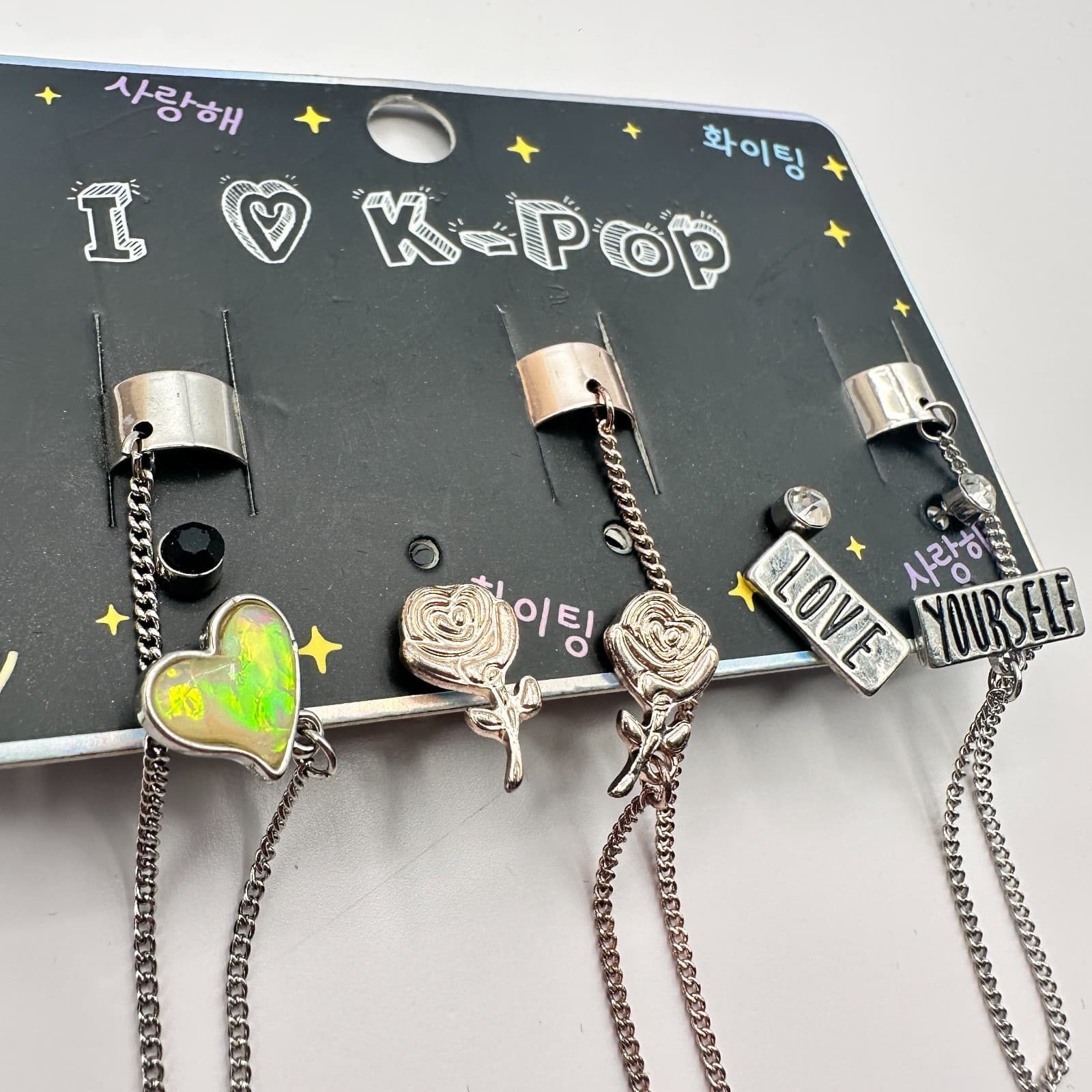 Vintage 80s Women Earrings Cuff Set Silver Rose Gold Tone Heart Rose Jewelry - Thumbnail 4