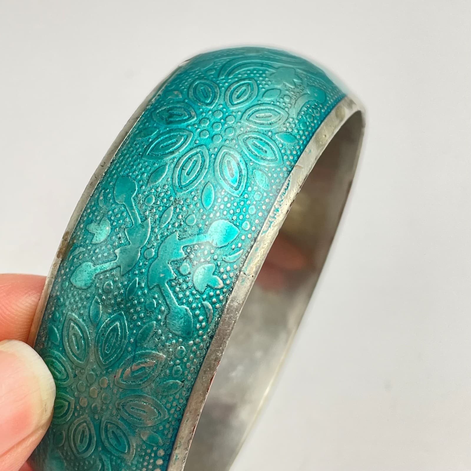 Vintage 80s Teal Enamel Floral Bangle Bracelet Silver Tone Boho Ethnic Jewelry - Thumbnail 4