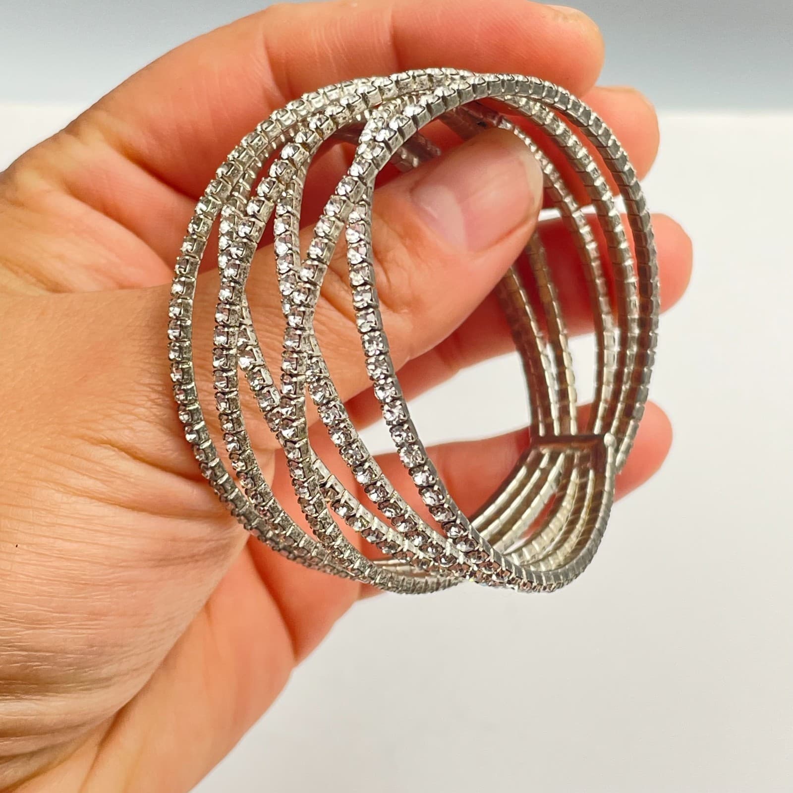 Vintage 90s Silver Tone Glass Rhinestone Multi Row Crossover Bangle Bracelet - Thumbnail 5