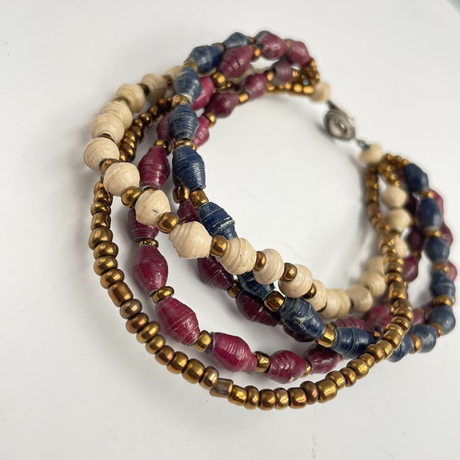 Vintage 90s Multi-Strand Paper Bead Bracelet Gold Tone Classic Boho Jewelry - Thumbnail 3