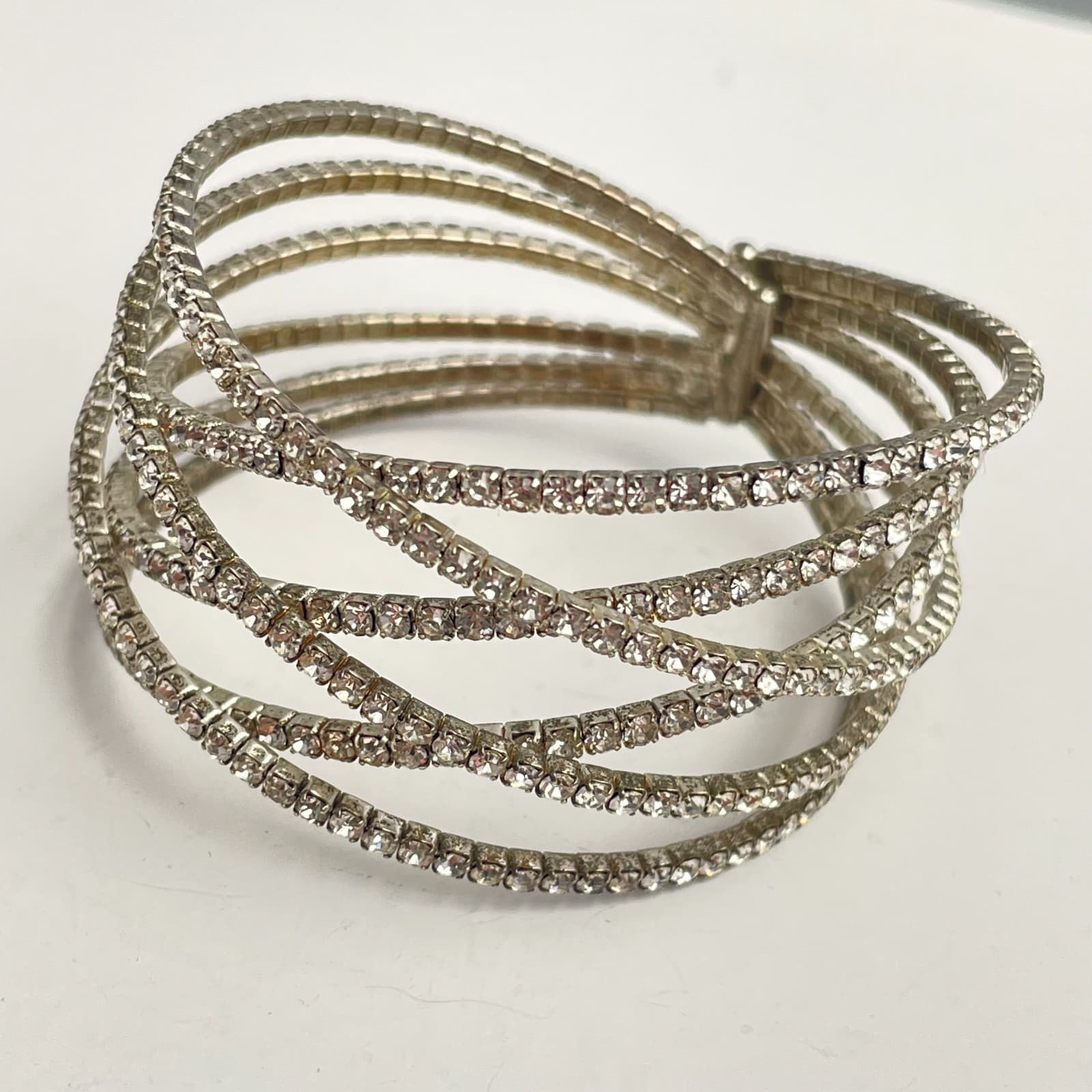 Vintage 90s Silver Tone Glass Rhinestone Multi Row Crossover Bangle Bracelet - Thumbnail 2