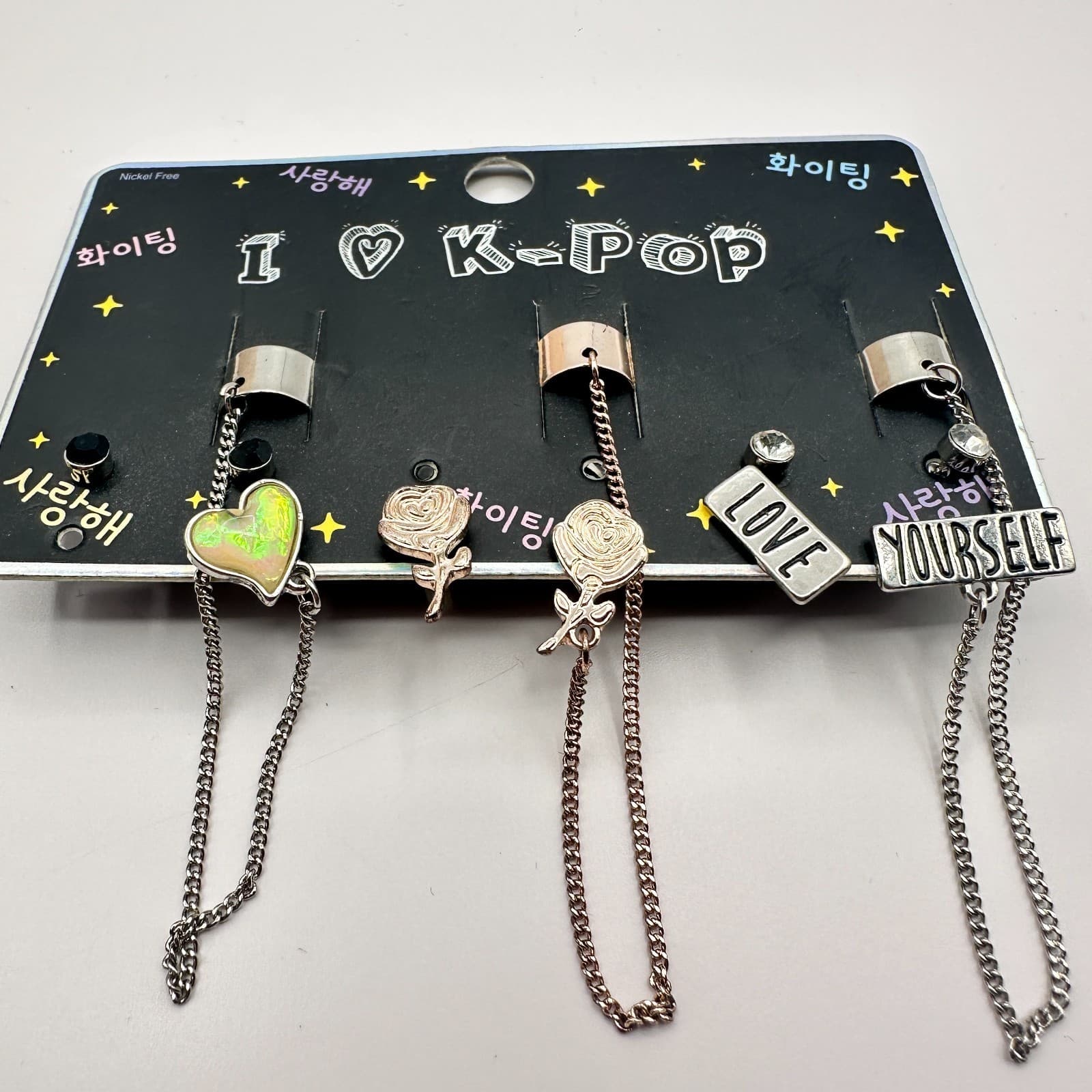 Vintage 80s Women Earrings Cuff Set Silver Rose Gold Tone Heart Rose Jewelry - Thumbnail 3