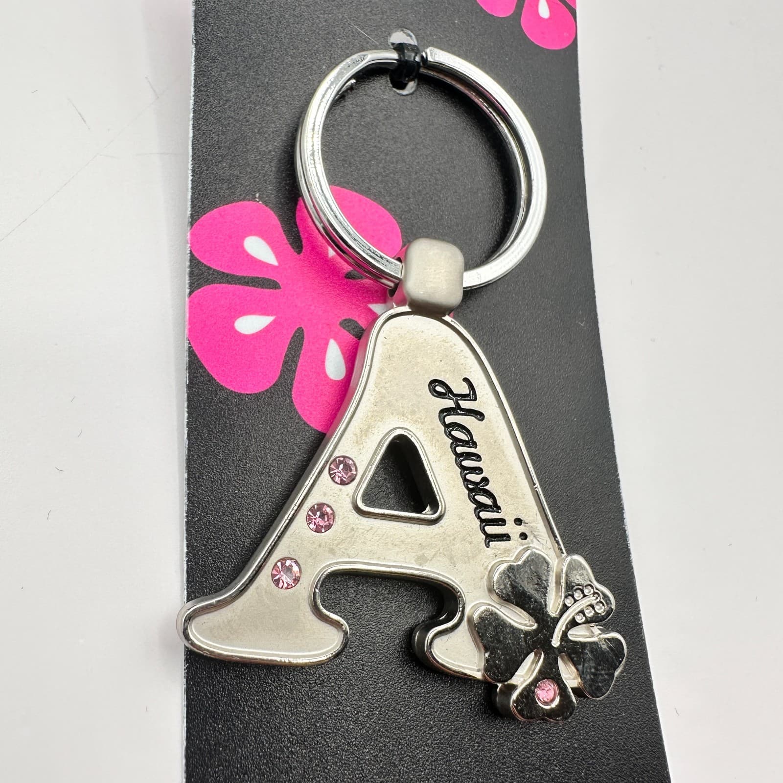 VTG 90s Island Girl Silver Tone Hawaii Initial A Keychain Pink Glass Hibiscus - Thumbnail 2