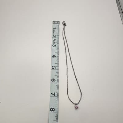 Vintage 80s Women Pink Heart Glass Pendant Necklace Chain Silver Tone - Thumbnail 8
