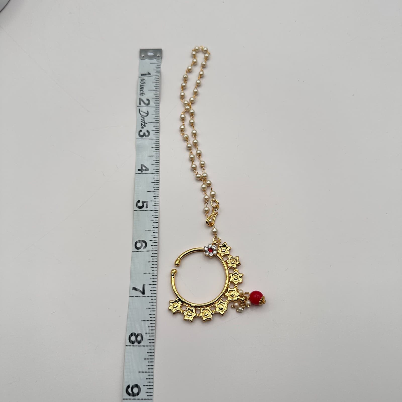 Vintage 90s Nath Indian Bridal Nose Ring Gold Tone Red & White Glass Pearl - Thumbnail 7