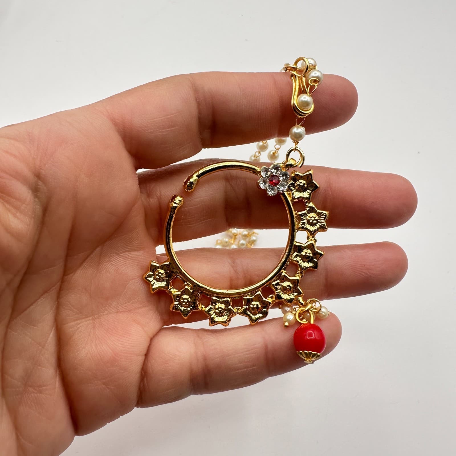 Vintage 90s Nath Indian Bridal Nose Ring Gold Tone Red & White Glass Pearl - Thumbnail 6