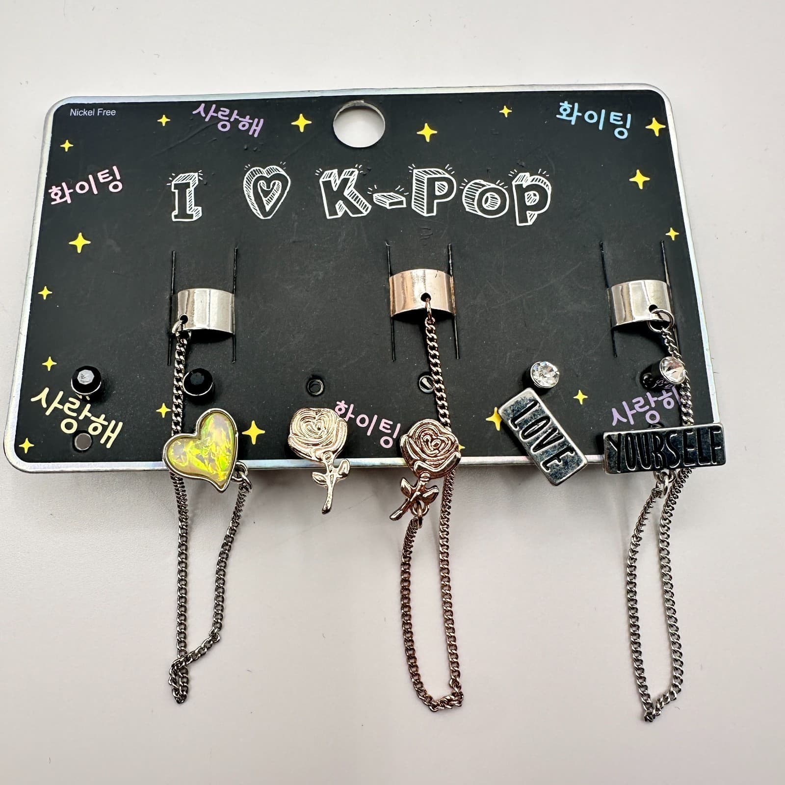 Vintage 80s Women Earrings Cuff Set Silver Rose Gold Tone Heart Rose Jewelry - Thumbnail 2