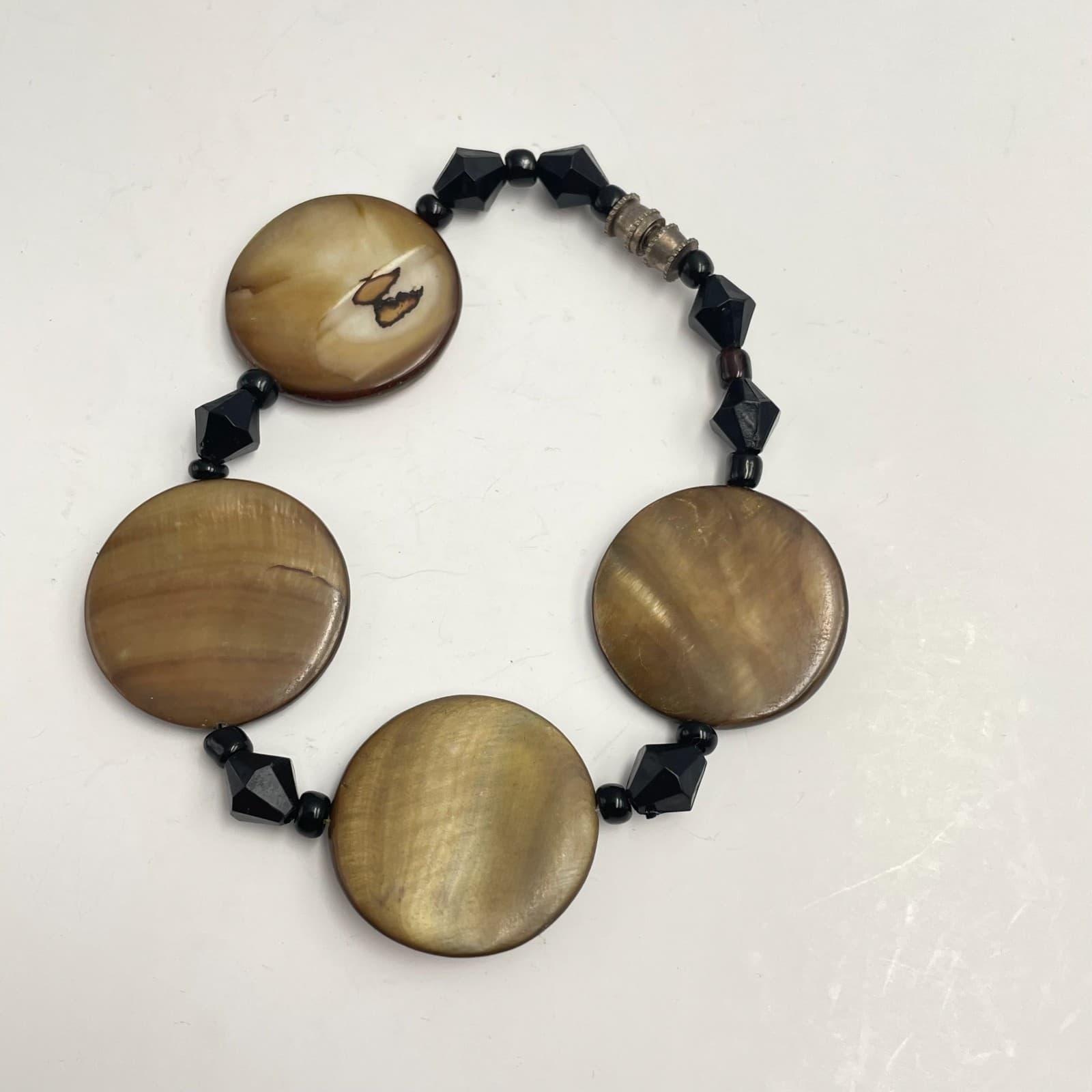 Vintage 90s Brown Shell & Black Glass Bead Bracelet Boho Earthy Minimalist - Image 1