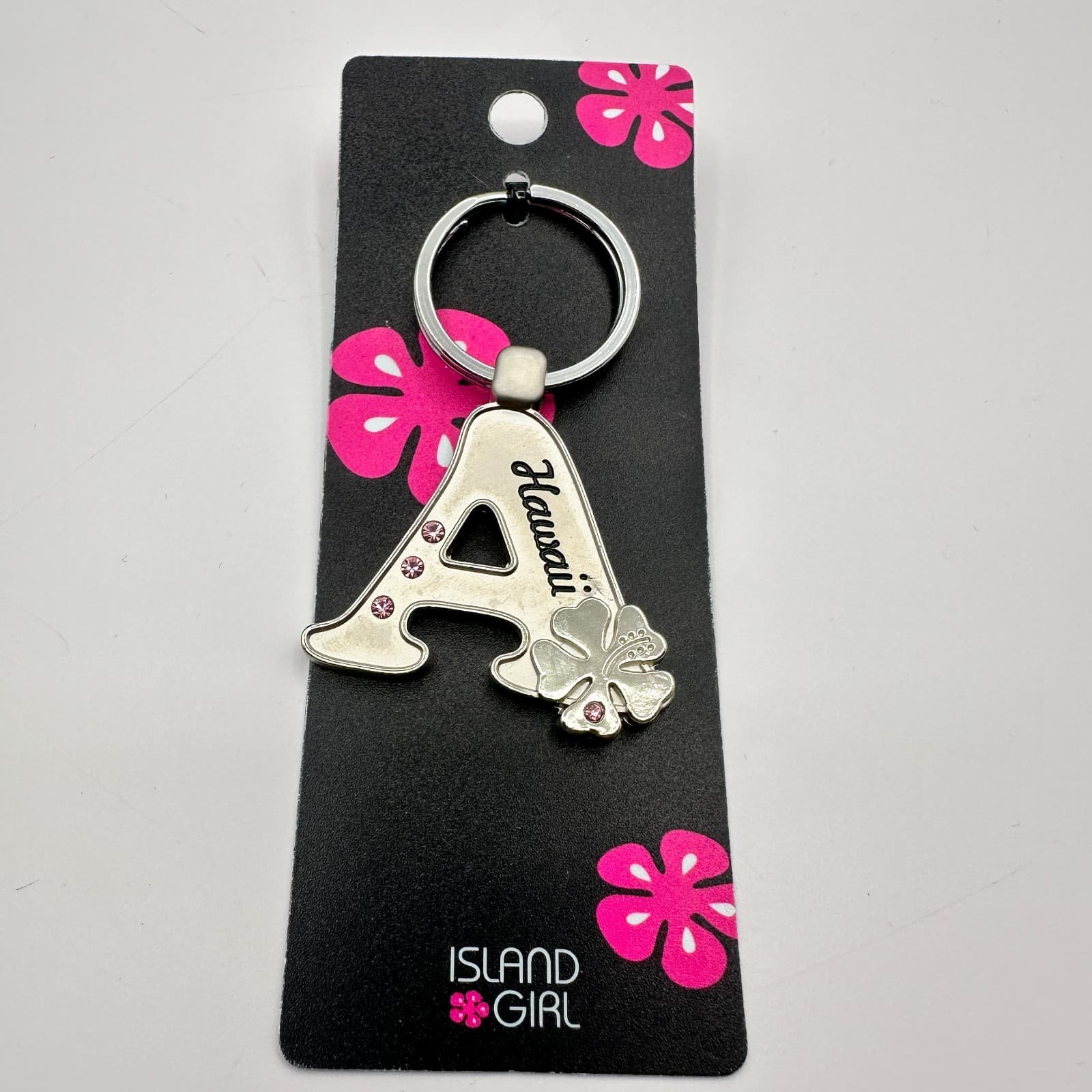 VTG 90s Island Girl Silver Tone Hawaii Initial A Keychain Pink Glass Hibiscus - Thumbnail 4