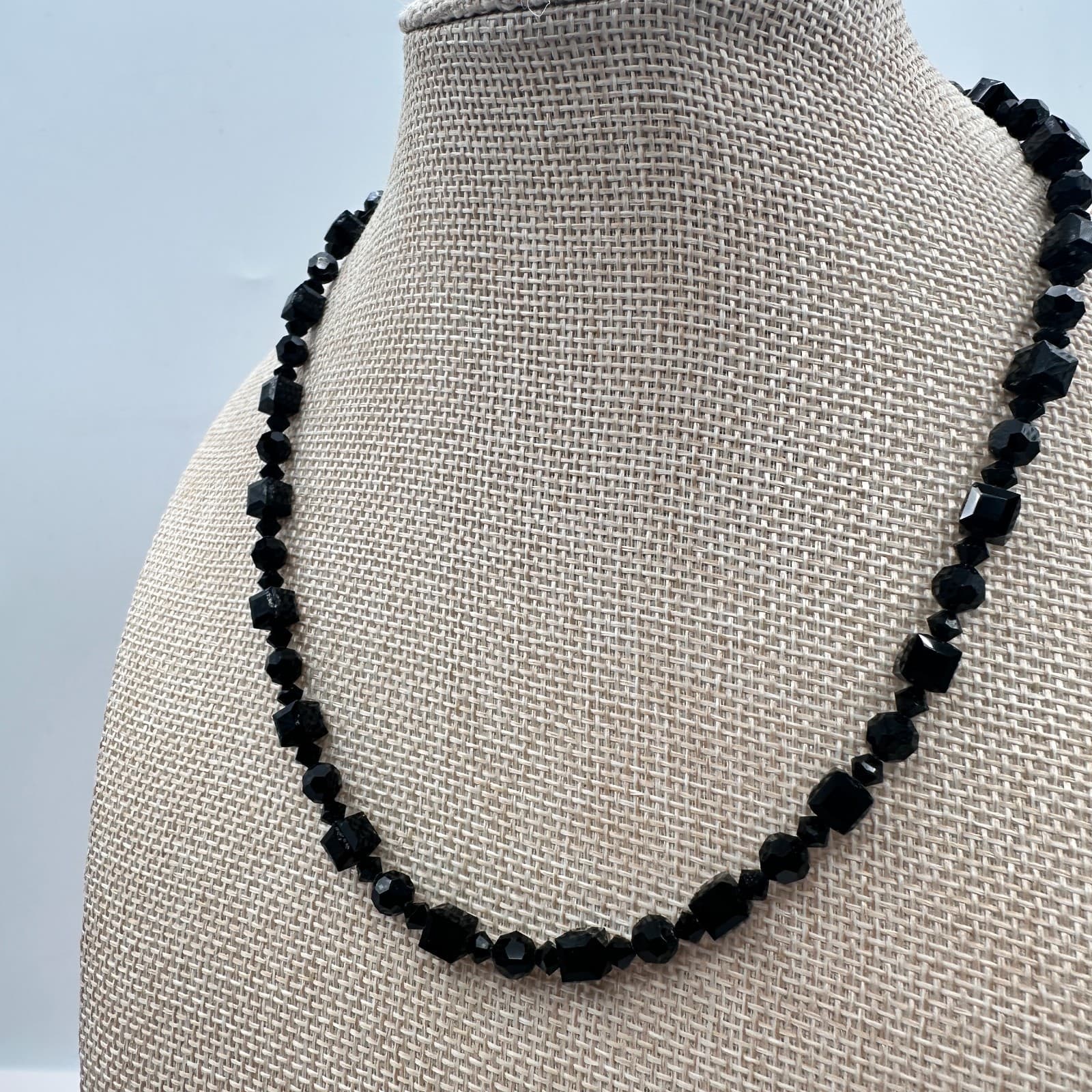 Vintage 80s Beaded Strand Necklace Glass Cube Round Multi Shape Black - Thumbnail 5