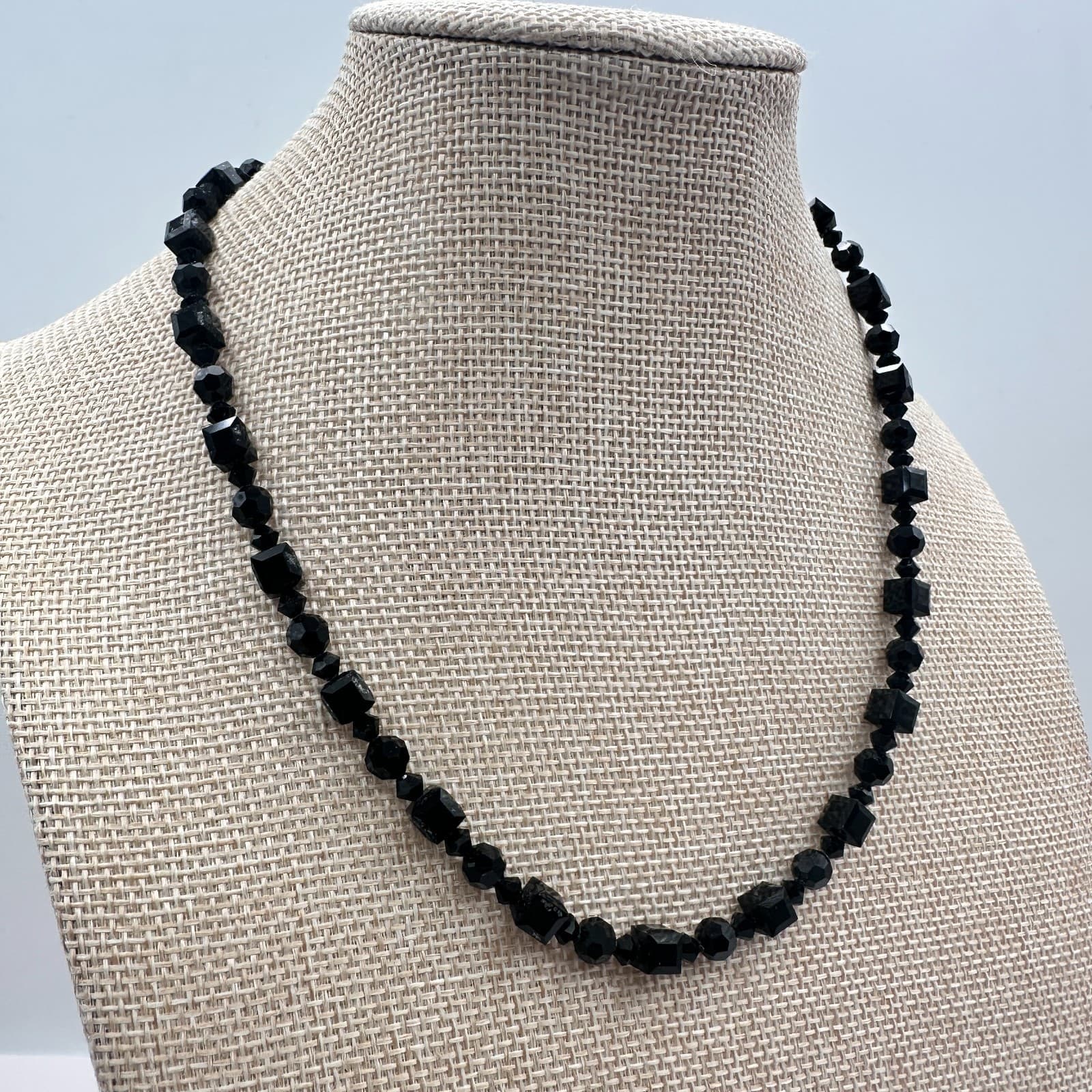 Vintage 80s Beaded Strand Necklace Glass Cube Round Multi Shape Black - Thumbnail 2