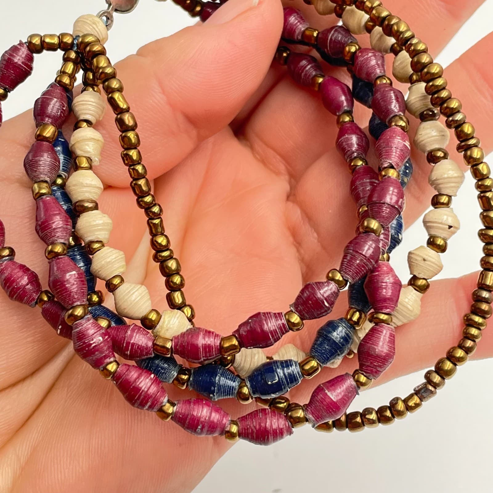 Vintage 90s Multi-Strand Paper Bead Bracelet Gold Tone Classic Boho Jewelry - Thumbnail 6