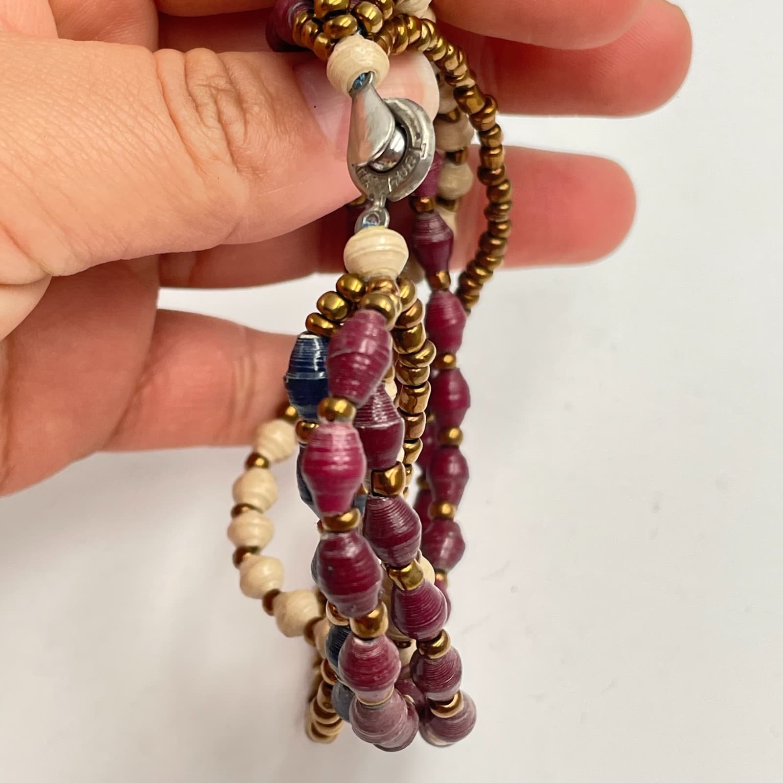 Vintage 90s Multi-Strand Paper Bead Bracelet Gold Tone Classic Boho Jewelry - Thumbnail 5