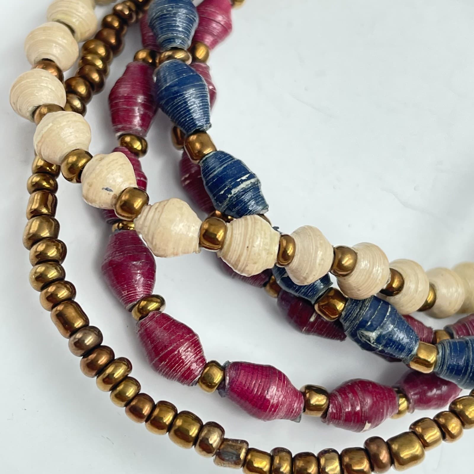 Vintage 90s Multi-Strand Paper Bead Bracelet Gold Tone Classic Boho Jewelry - Thumbnail 4
