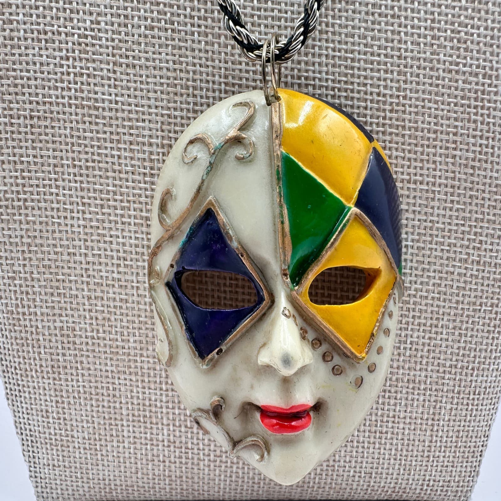 Vintage 80s Harlequin Mask Pendant Necklace Rope Chain Multi Color Gold Tone - Thumbnail 2
