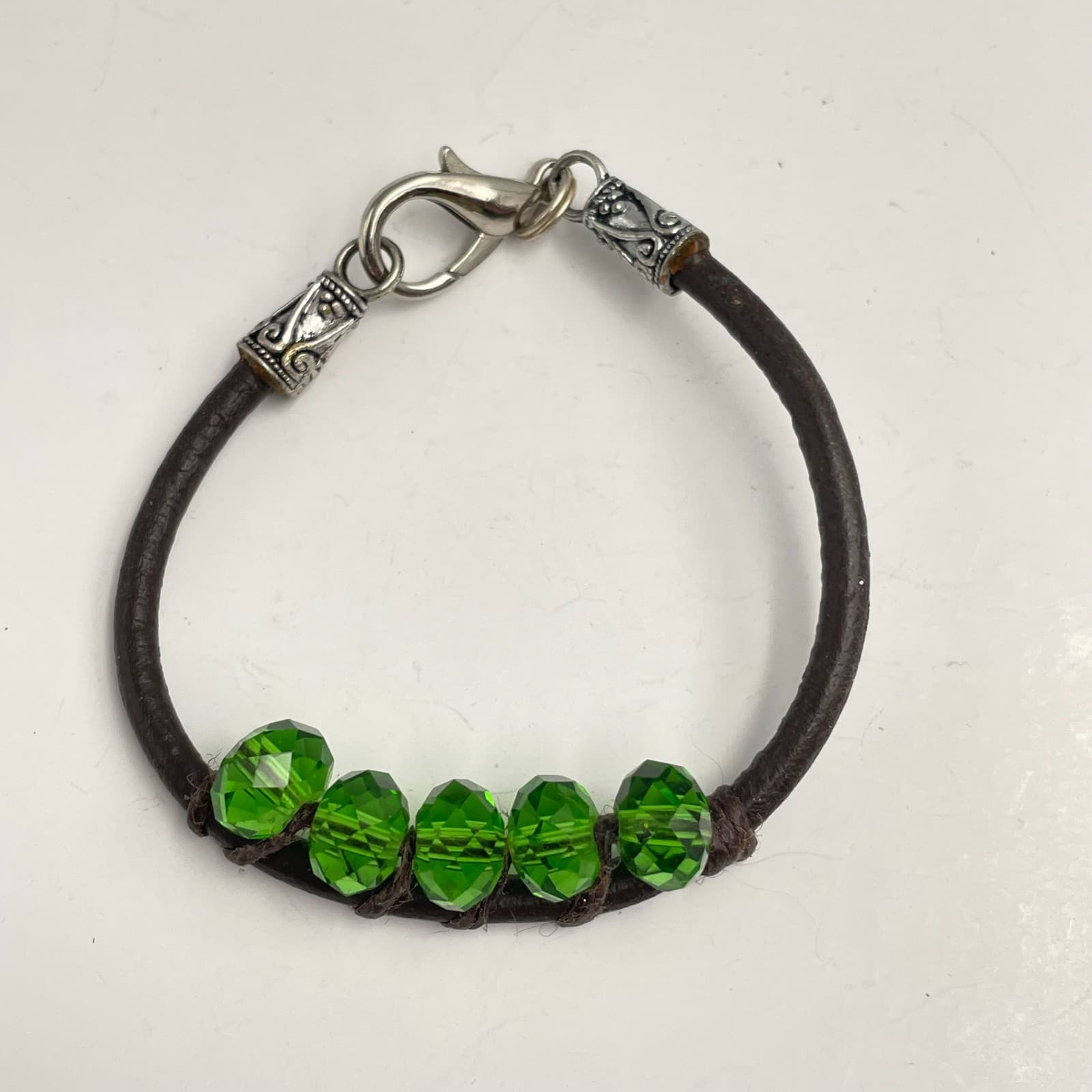 Vintage 90s Brown Leather Cord Bracelet Green Glass Beads Boho Silver Tone - Image 1