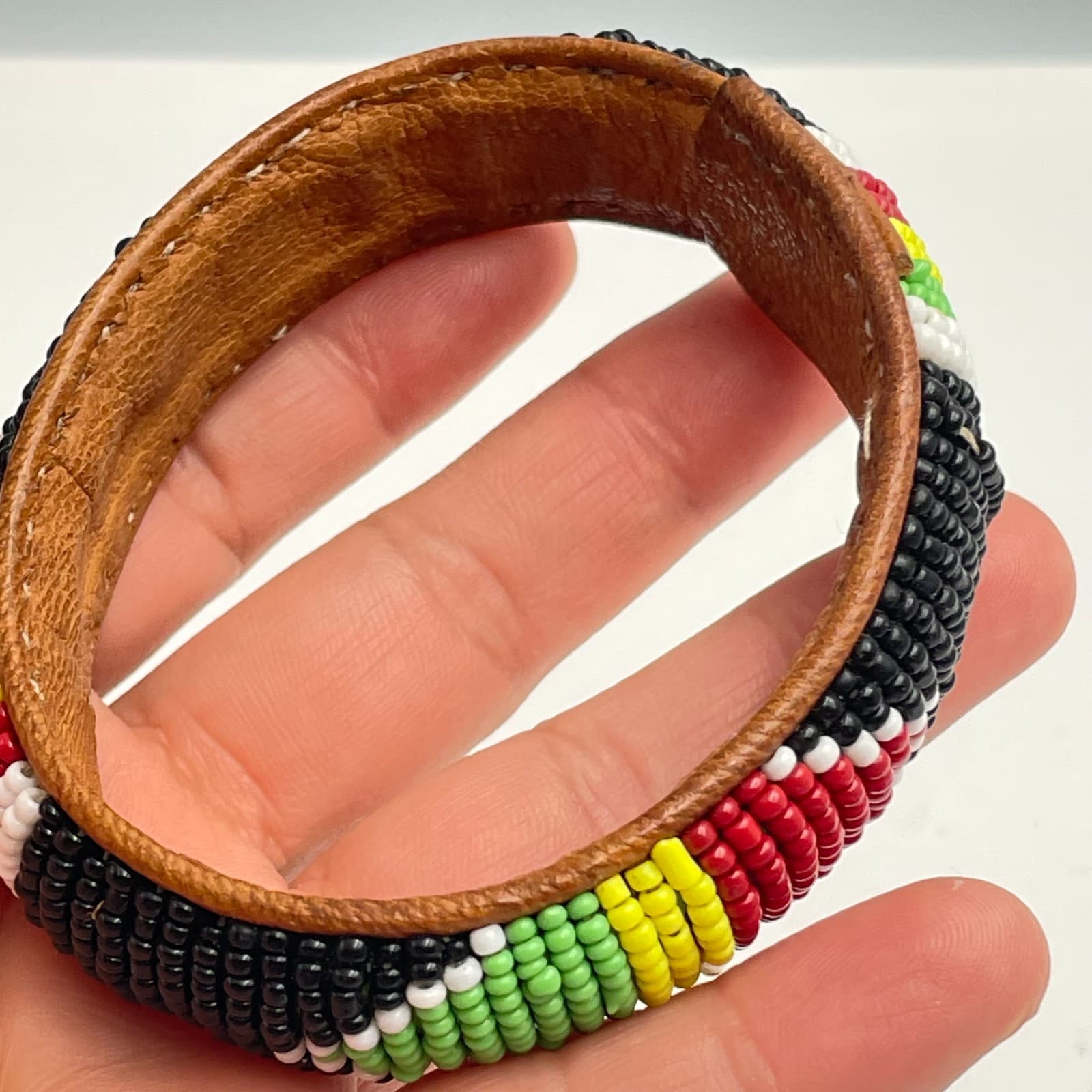 Vintage 90s Maasai African Glass Bead Leather Bangle Bracelet Boho Jewelry - Thumbnail 5