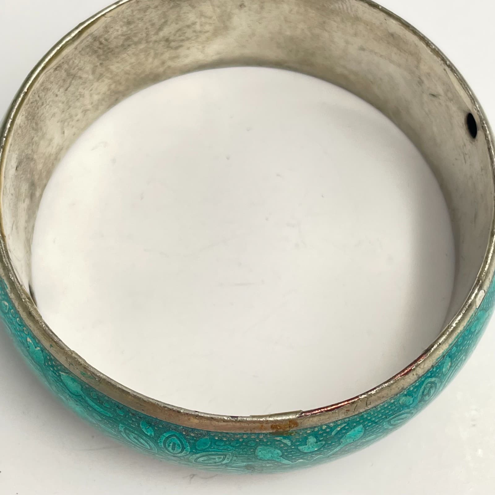 Vintage 80s Teal Enamel Floral Bangle Bracelet Silver Tone Boho Ethnic Jewelry - Thumbnail 2