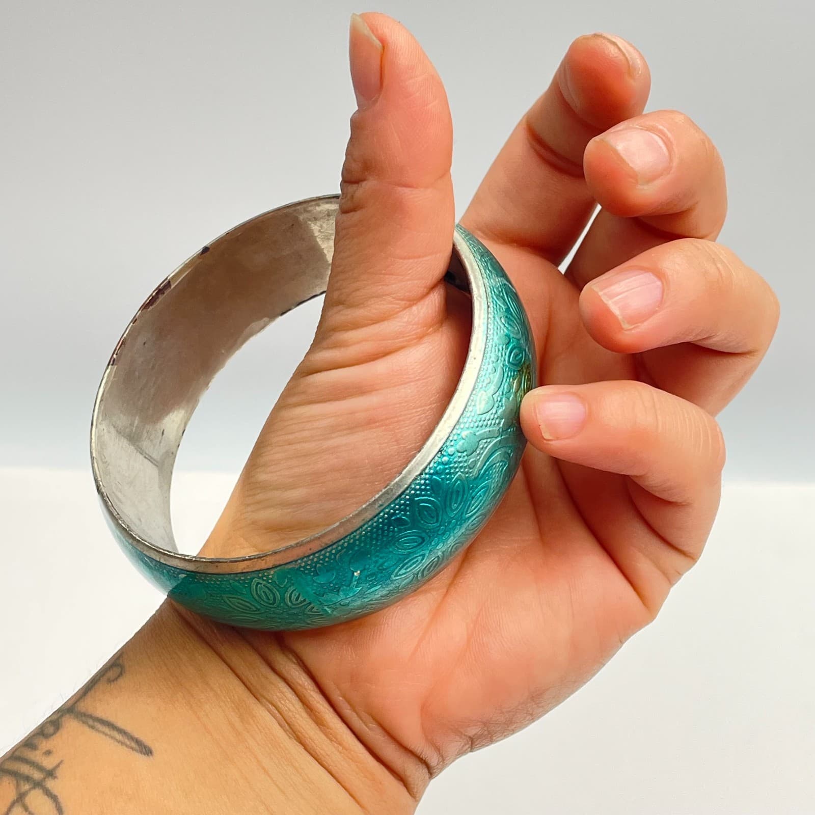 Vintage 80s Teal Enamel Floral Bangle Bracelet Silver Tone Boho Ethnic Jewelry - Thumbnail 8