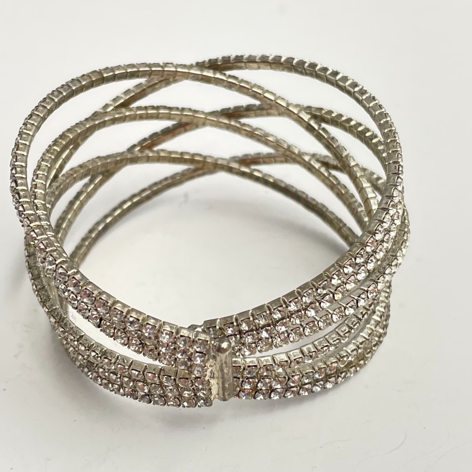 Vintage 90s Silver Tone Glass Rhinestone Multi Row Crossover Bangle Bracelet - Thumbnail 3
