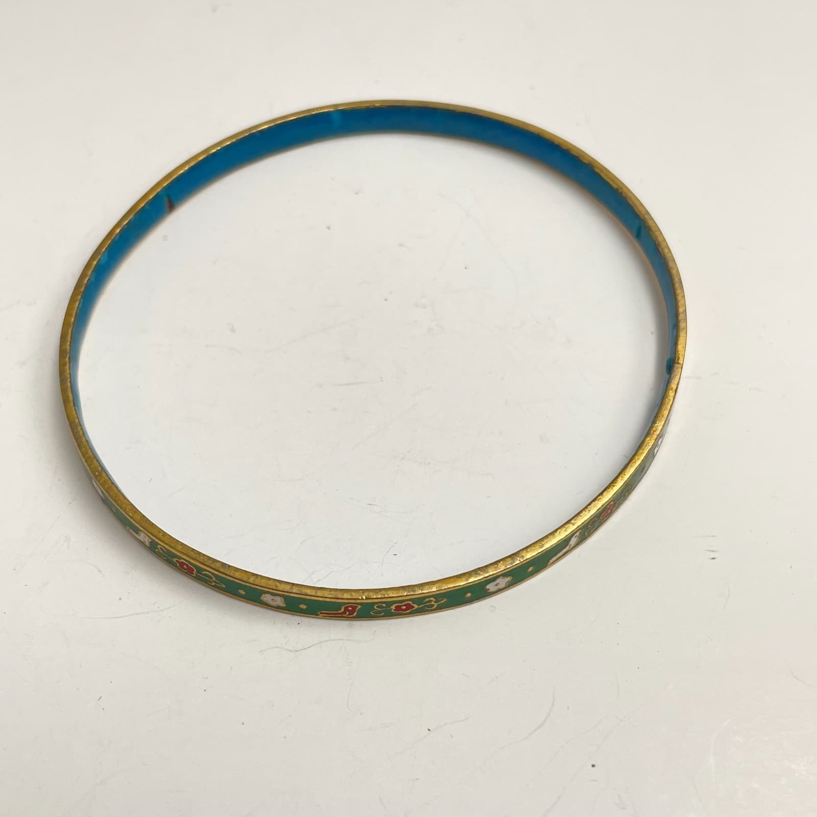 Vintage 80s Green Floral Enamel Bangle Bracelet Gold Tone Boho Fashion Jewelry - Image 1