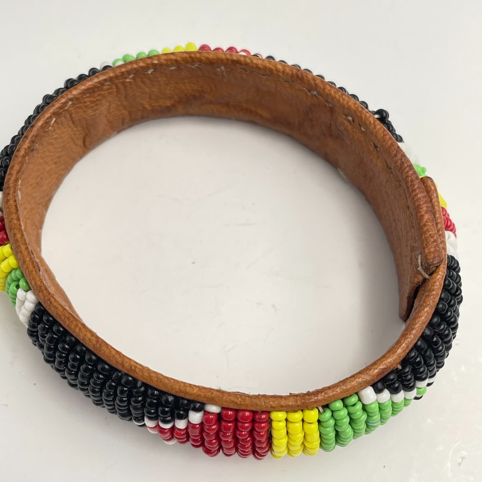 Vintage 90s Maasai African Glass Bead Leather Bangle Bracelet Boho Jewelry - Thumbnail 2