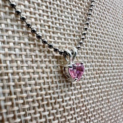Vintage 80s Women Pink Heart Glass Pendant Necklace Chain Silver Tone - Thumbnail 3