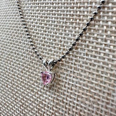 Vintage 80s Women Pink Heart Glass Pendant Necklace Chain Silver Tone - Thumbnail 4