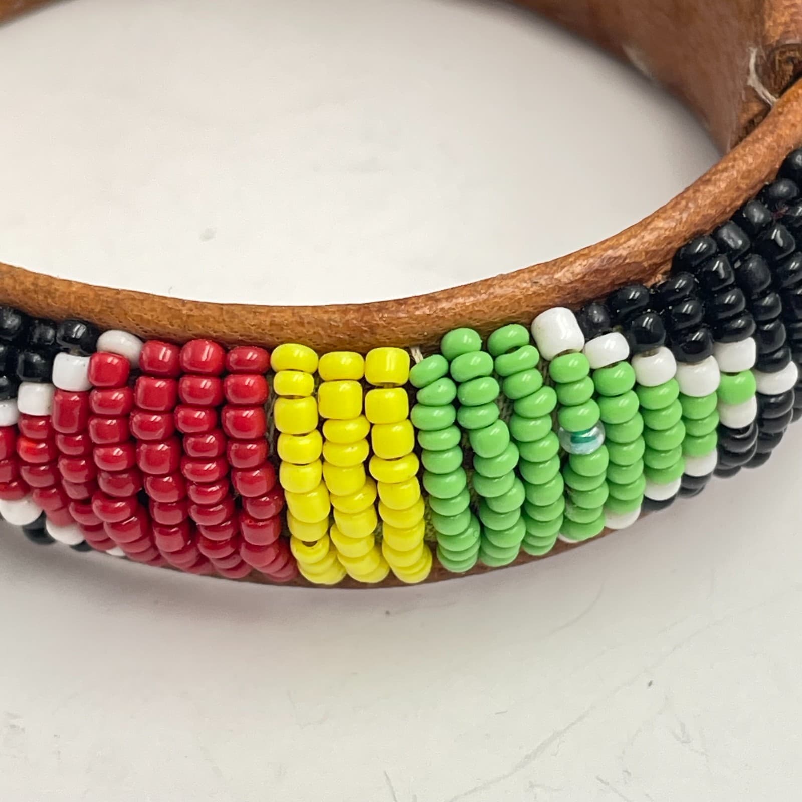 Vintage 90s Maasai African Glass Bead Leather Bangle Bracelet Boho Jewelry - Thumbnail 3