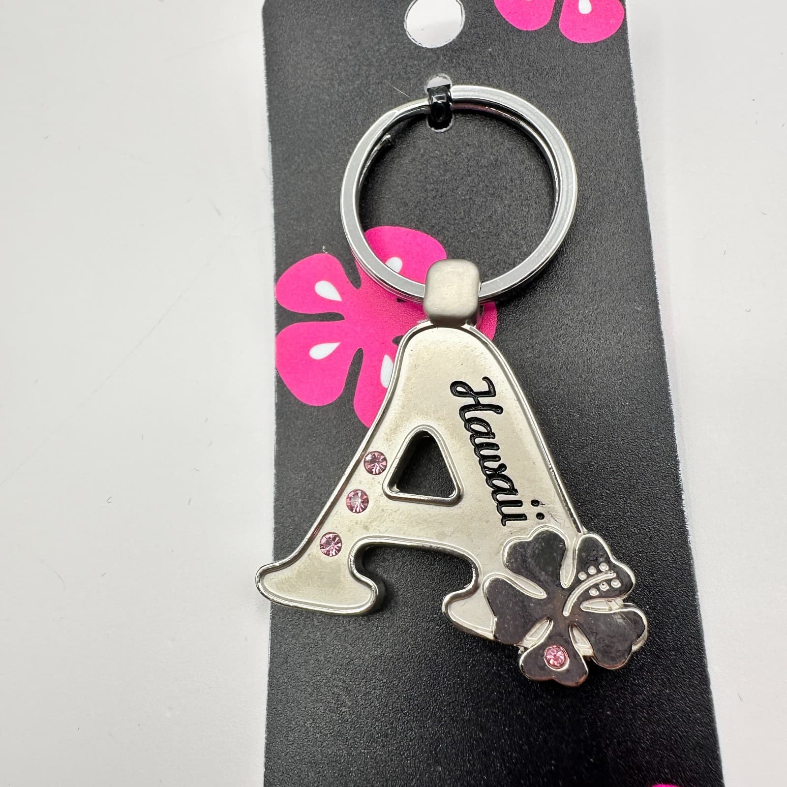 VTG 90s Island Girl Silver Tone Hawaii Initial A Keychain Pink Glass Hibiscus - Thumbnail 3