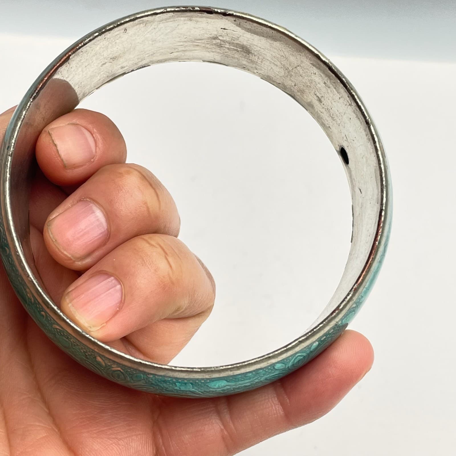 Vintage 80s Teal Enamel Floral Bangle Bracelet Silver Tone Boho Ethnic Jewelry - Thumbnail 5