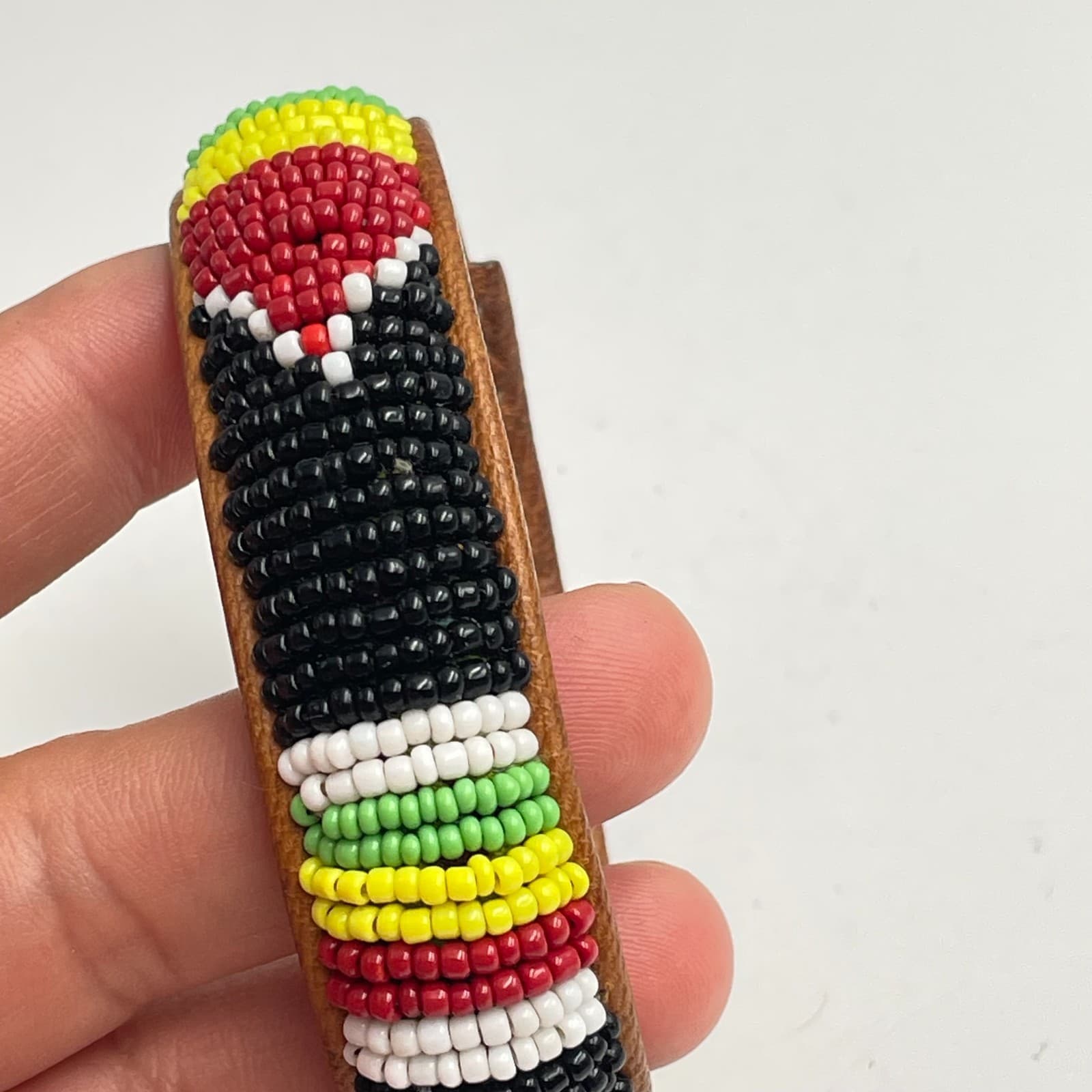 Vintage 90s Maasai African Glass Bead Leather Bangle Bracelet Boho Jewelry - Thumbnail 4