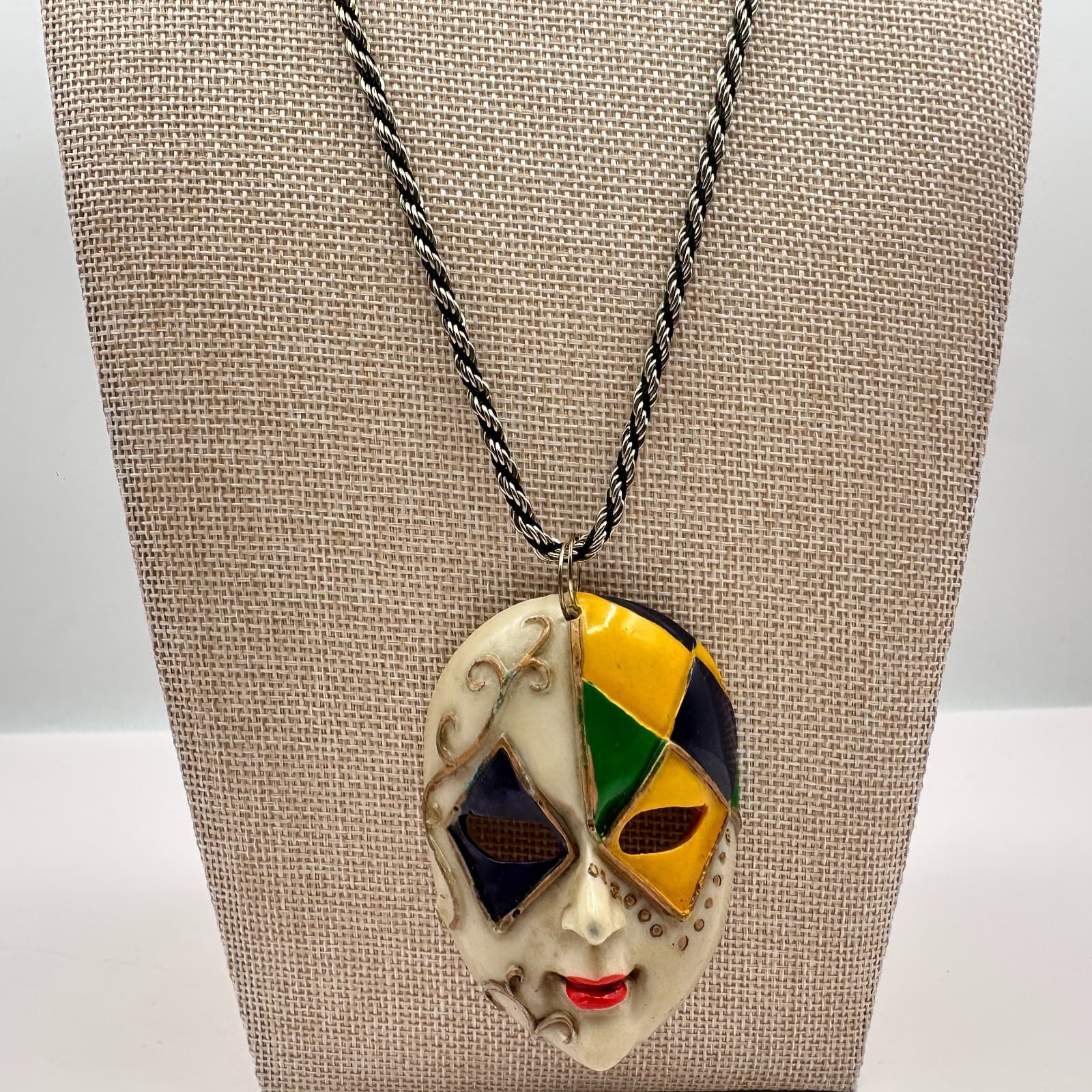 Vintage 80s Harlequin Mask Pendant Necklace Rope Chain Multi Color Gold Tone - Thumbnail 3
