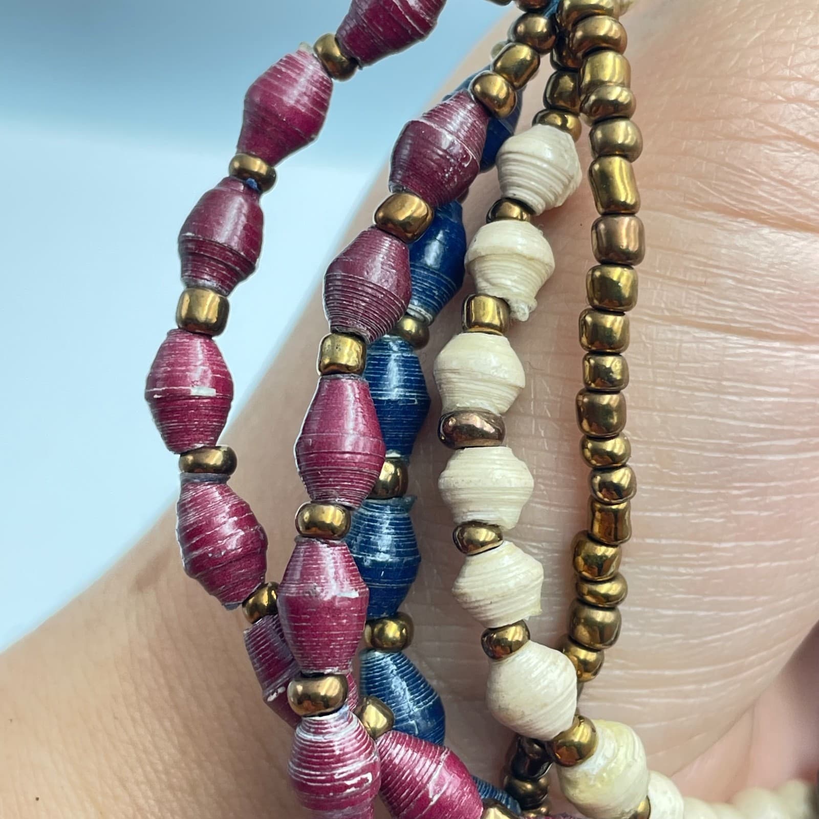 Vintage 90s Multi-Strand Paper Bead Bracelet Gold Tone Classic Boho Jewelry - Thumbnail 9