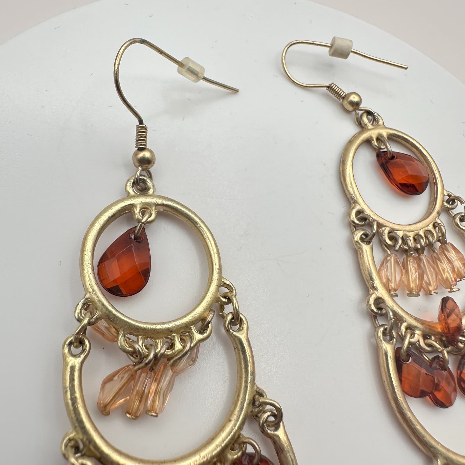 Vintage 80s Women Earrings Chandelier Tiered Glass Bead Amber Gold Tone Fashion - Thumbnail 4