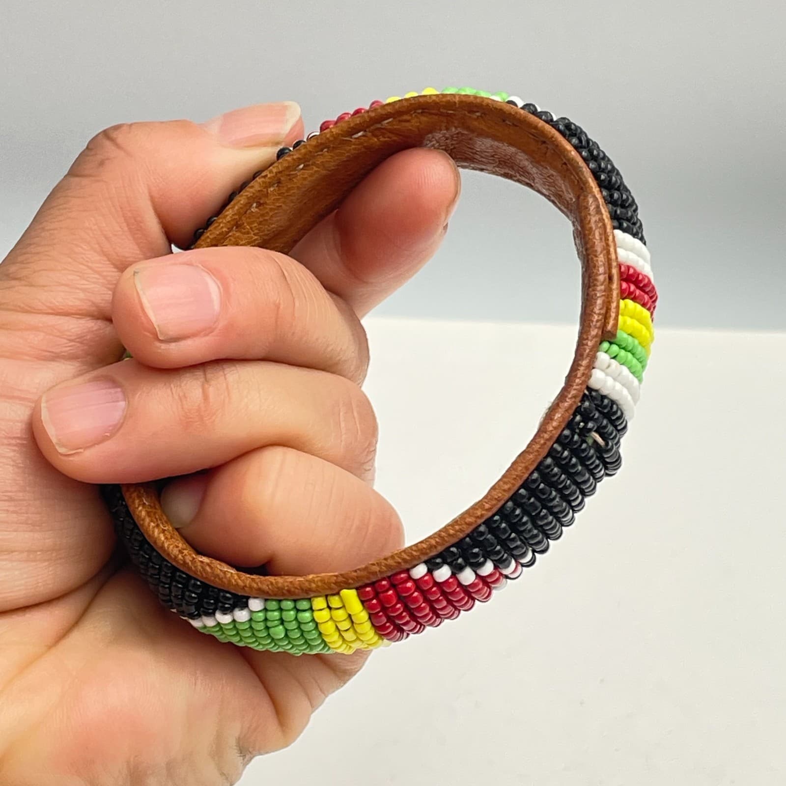 Vintage 90s Maasai African Glass Bead Leather Bangle Bracelet Boho Jewelry - Thumbnail 6